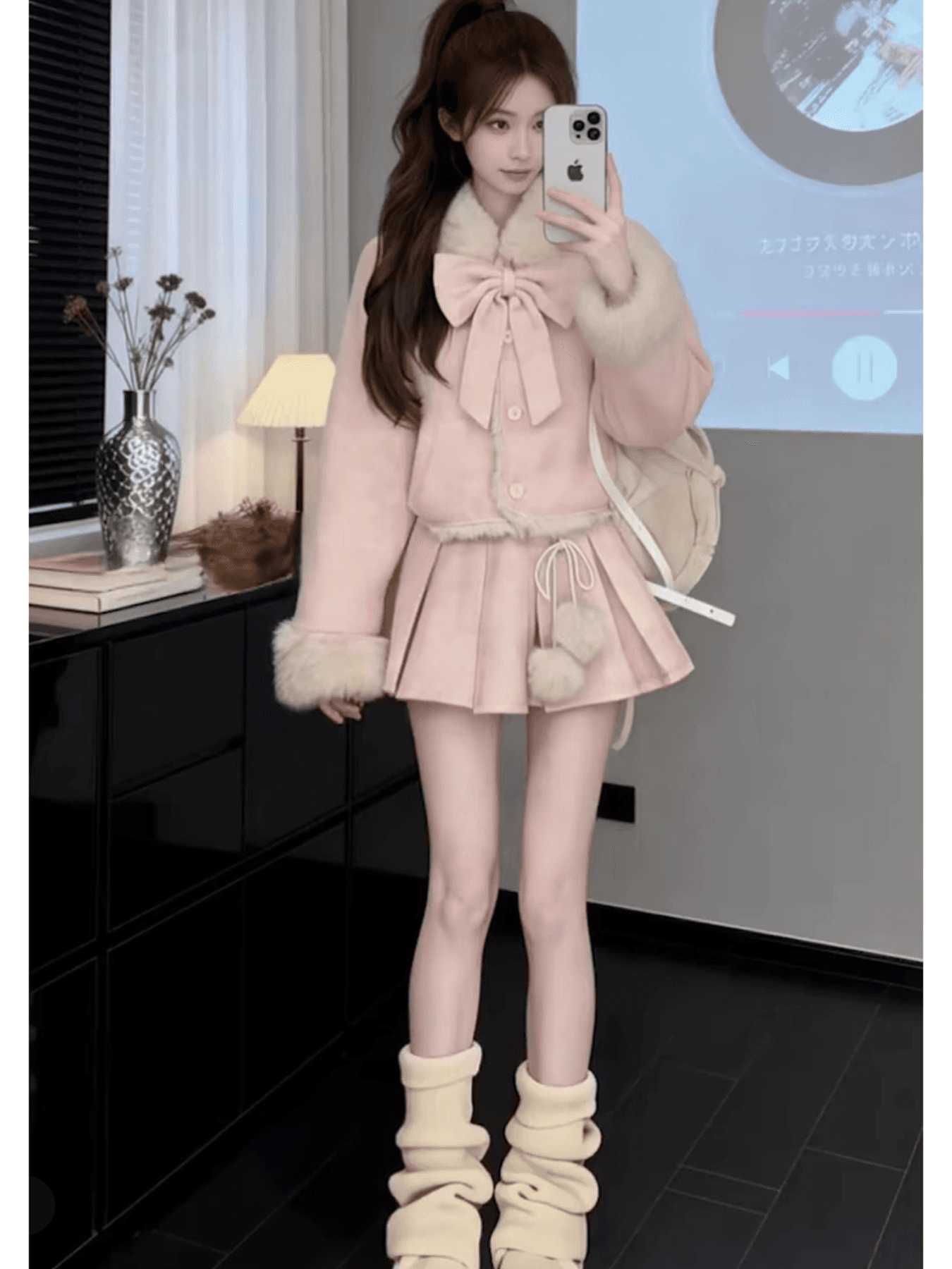 양면 착용 모직 나비 매듭 세트 겨울 새로운 천 금빛 바람 루즈핏 슬림해 보이는 연령 감소 패션 학원 스타일