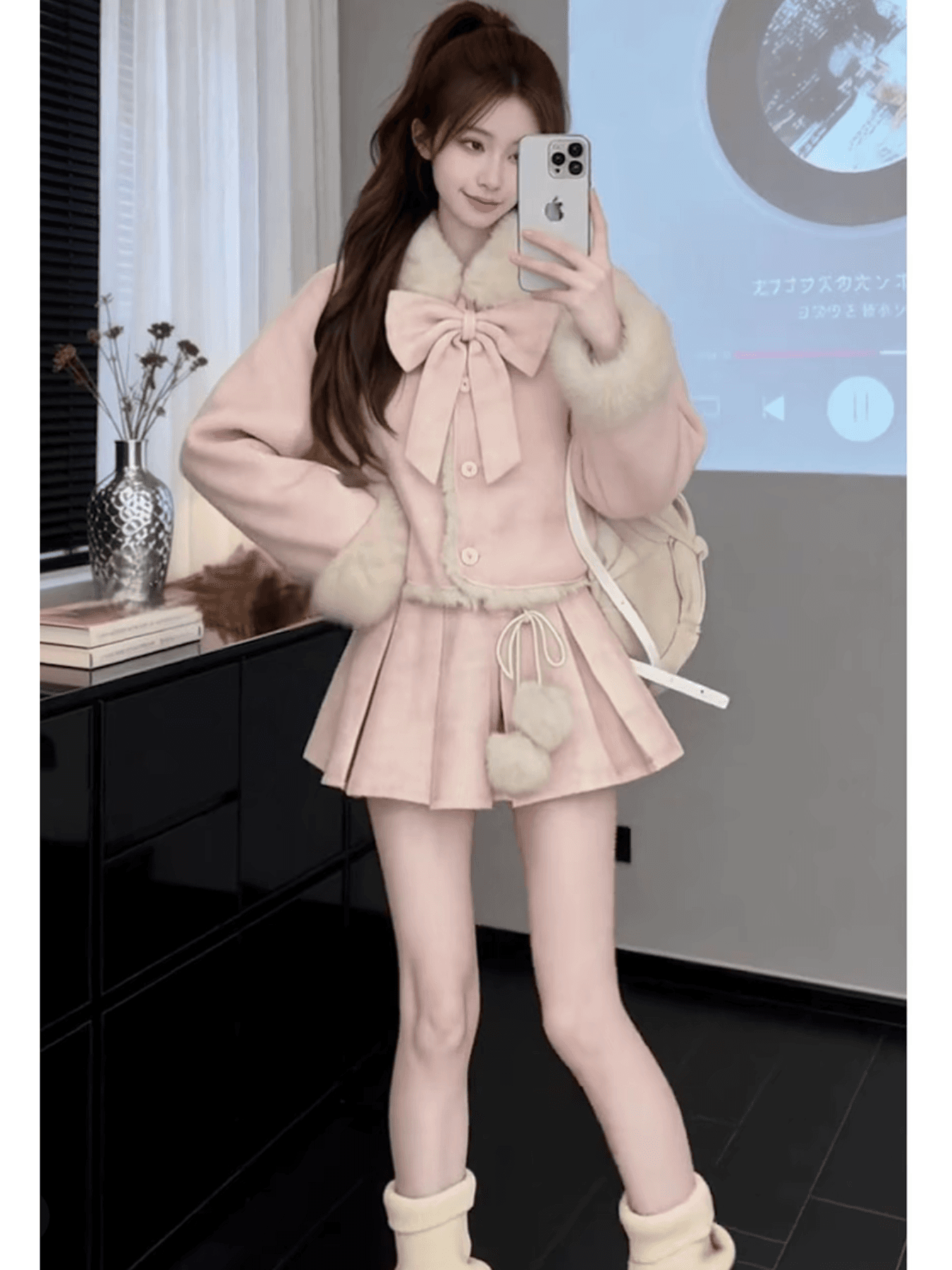 양면 착용 모직 나비 매듭 세트 겨울 새로운 천 금빛 바람 루즈핏 슬림해 보이는 연령 감소 패션 학원 스타일 이미지 2