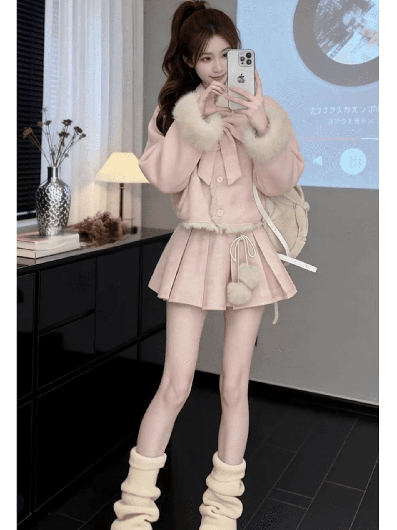 양면 착용 모직 나비 매듭 세트 겨울 새로운 천 금빛 바람 루즈핏 슬림해 보이는 연령 감소 패션 학원 스타일 이미지 4