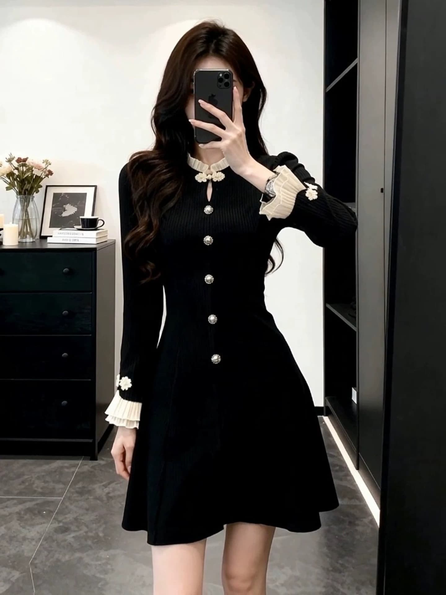 프랑스식 품격 검정색 작은 샤넬 스타일 드레스 여성 봄 가을 허리 수축 슬림해 보이는 고급 센스 치마 상세 이미지 1