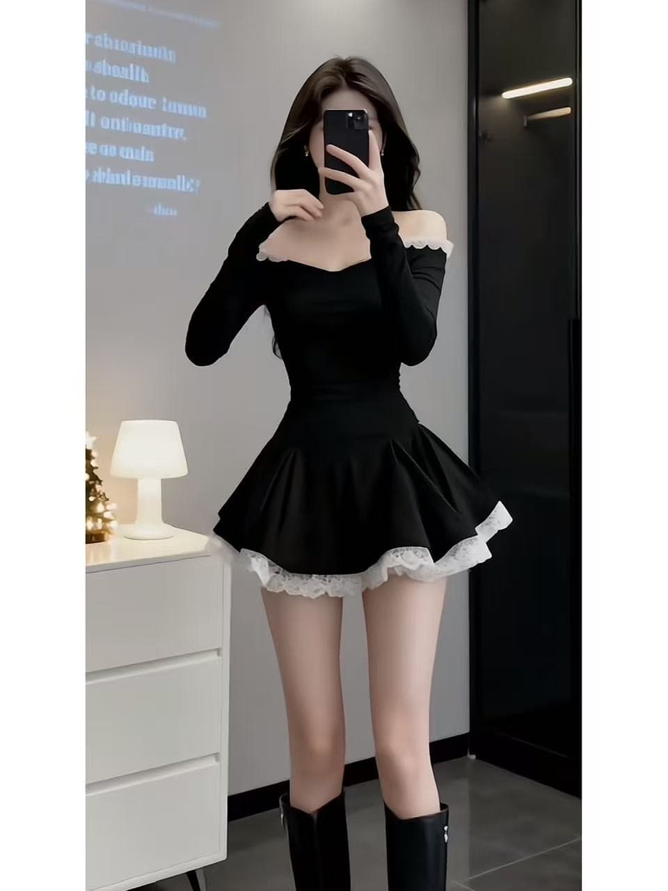 검정색 명문 여성 품격 오프숄더 몸매 가꾸기 드레스 2026 봄 새로운 튜브탑 허리 수축 예복 미니 스커트 여성 의류 상세 이미지 1