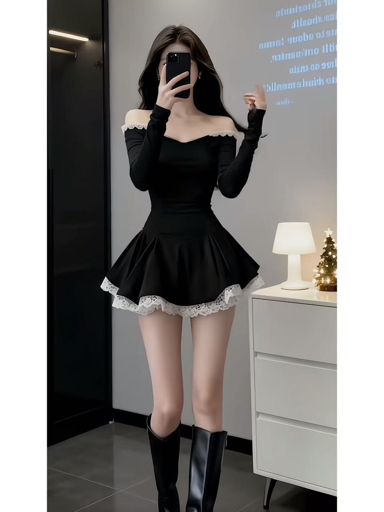 검정색 명문 여성 품격 오프숄더 몸매 가꾸기 드레스 2026 봄 새로운 튜브탑 허리 수축 예복 미니 스커트 여성 의류 상세 이미지 4