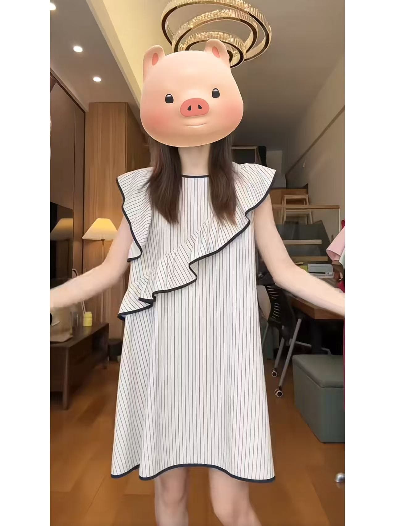스트라이프 작은 날다 소매 드레스 한 부서 프릴 불규칙 민소매 인형 치마 이미지 4