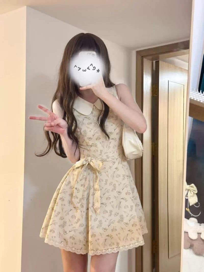 프랑스식 베이비 칼라 민소매 꽃무늬 여성 드레스 여름 새로운 달콤함 품격 나비 매듭 허리 수축 슬림해 보이는 미니 스커트