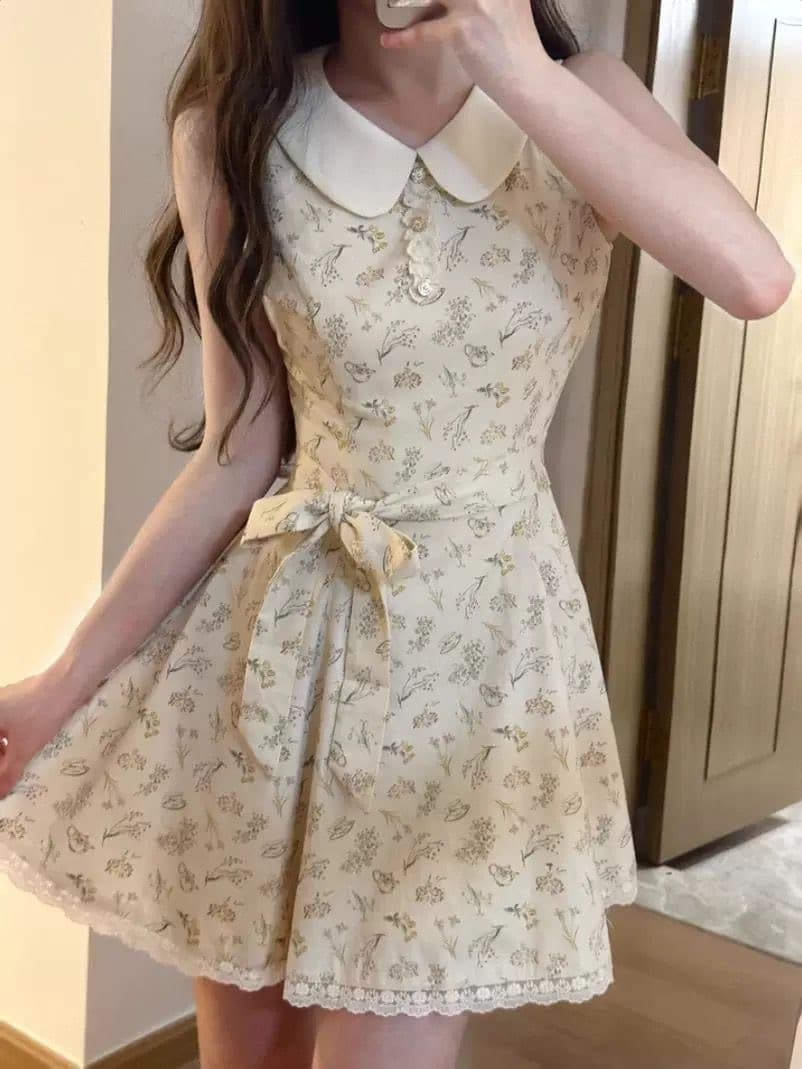 프랑스식 베이비 칼라 민소매 꽃무늬 여성 드레스 여름 새로운 달콤함 품격 나비 매듭 허리 수축 슬림해 보이는 미니 스커트 상세 이미지 1