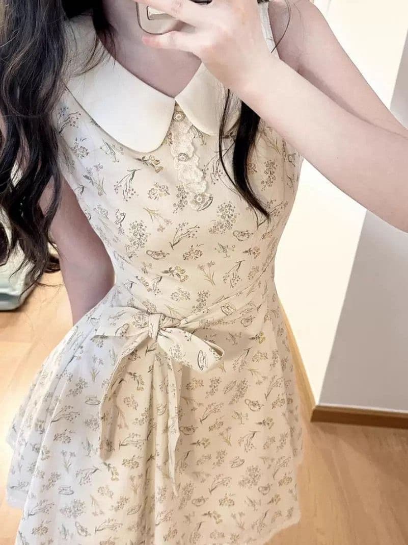 프랑스식 베이비 칼라 민소매 꽃무늬 여성 드레스 여름 새로운 달콤함 품격 나비 매듭 허리 수축 슬림해 보이는 미니 스커트 상세 이미지 5