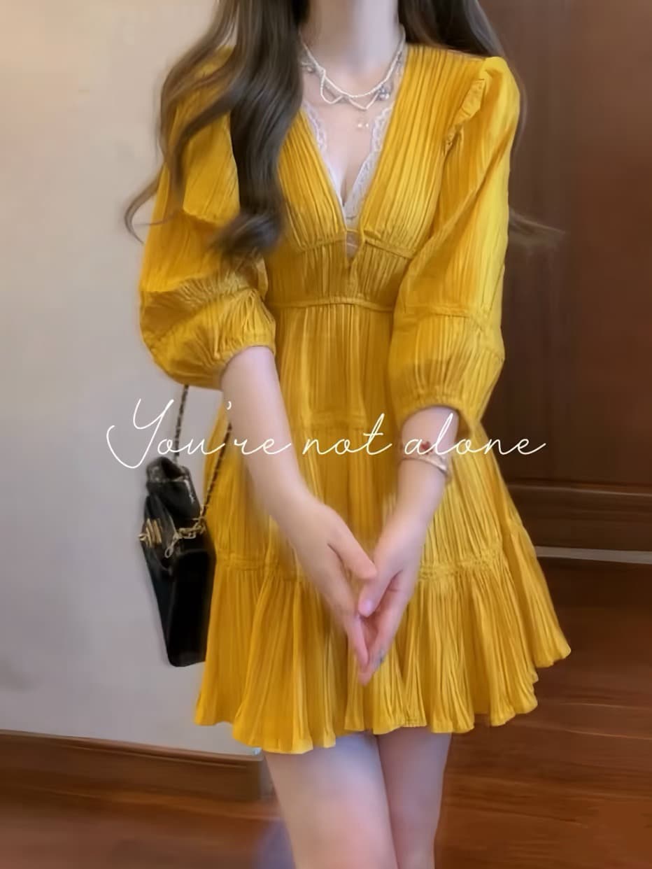 황색 V넥 여성 드레스 여름 빅 사이즈 지방 mm 프랑스식 품격 도파민 여행 휴가 플리츠 짧은 치마 이미지 4
