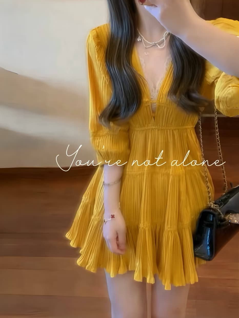 황색 V넥 여성 드레스 여름 빅 사이즈 지방 mm 프랑스식 품격 도파민 여행 휴가 플리츠 짧은 치마 상세 이미지 3