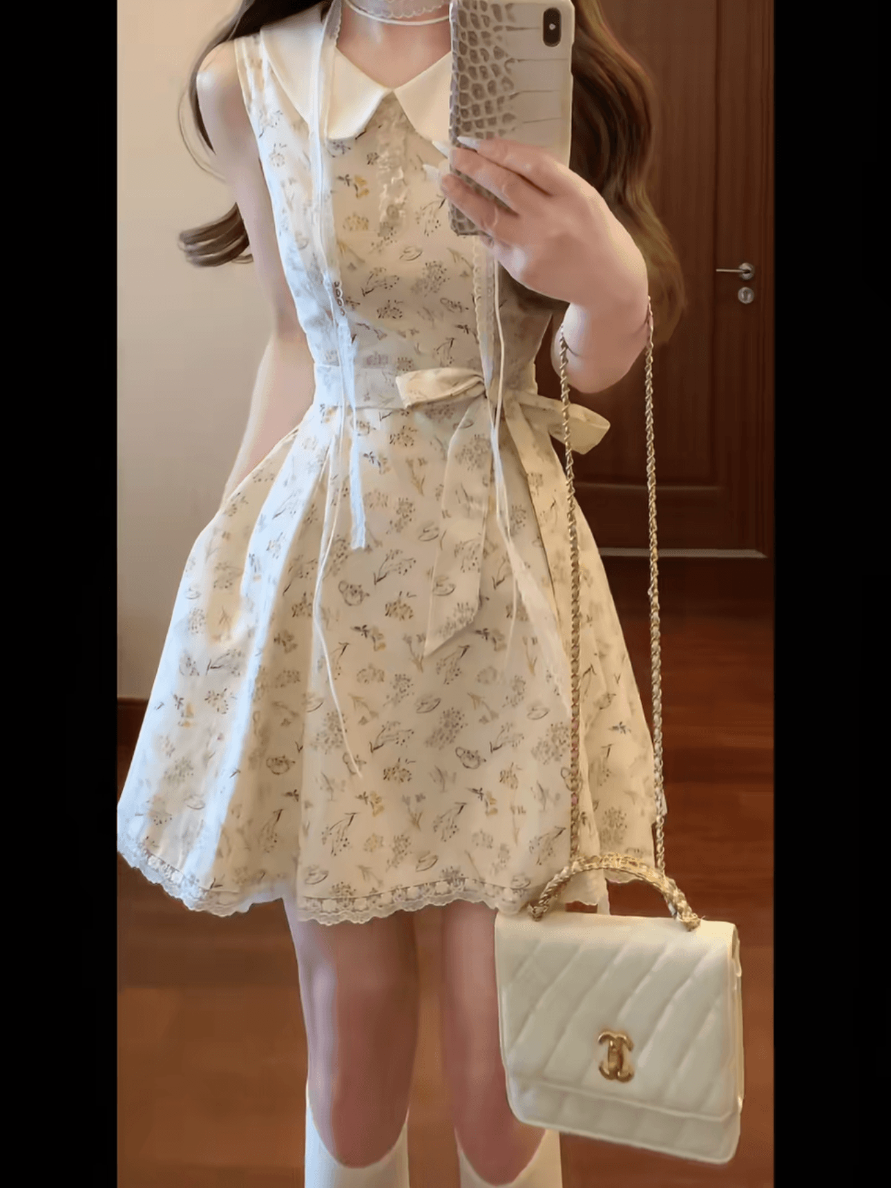 달콤함 천 금빛 바람 베이비 칼라 꽃무늬 여성 드레스 여름 나비 매듭 허리 수축 레이스 작은 키 공주 치마 상세 이미지 2