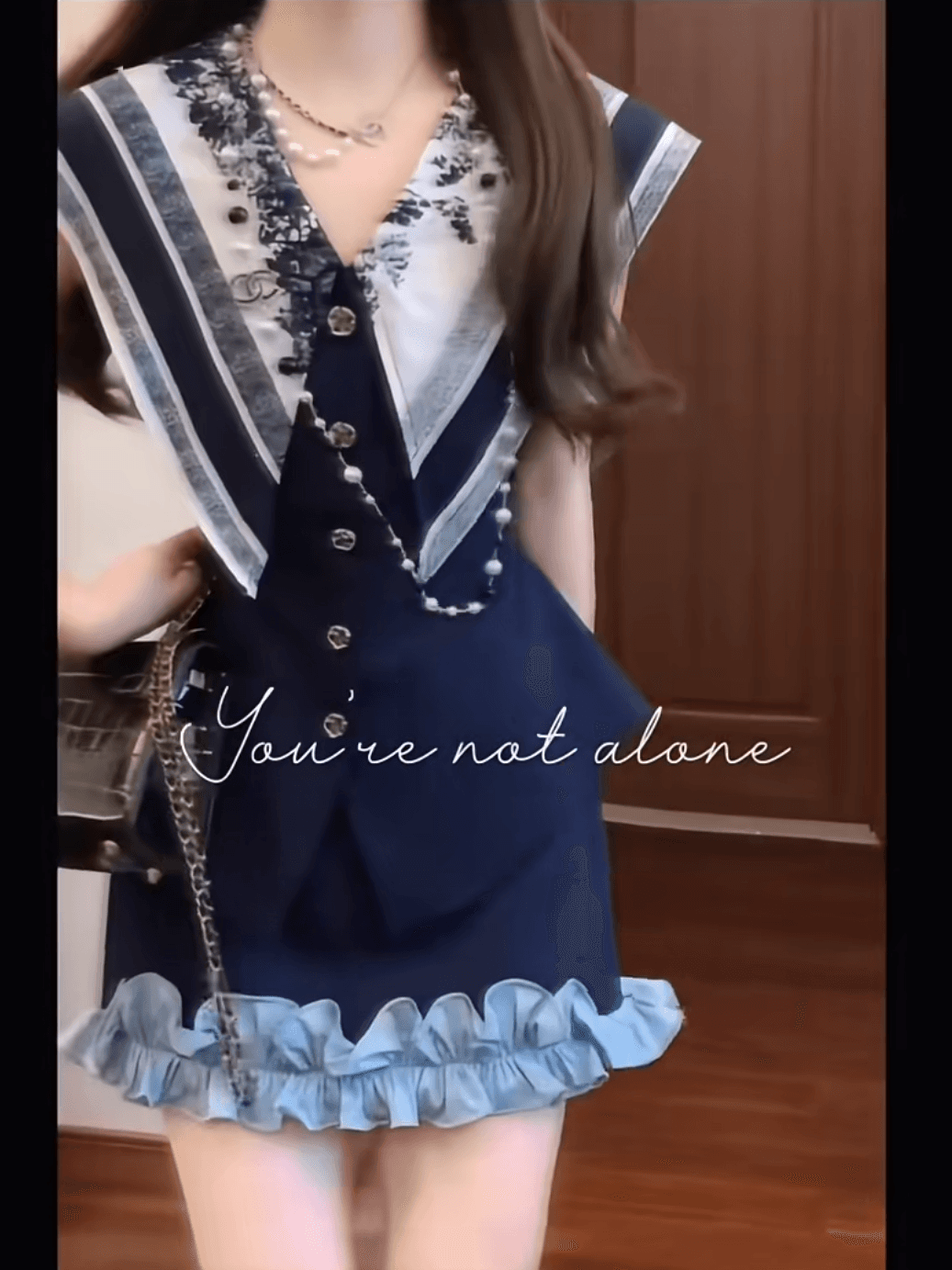 프랑스식 패션 학원 스타일 품격 프린트 헤일로 염색 해군 칼라 맨위 패치워크 프릴 반신 스커트 투피스 세트