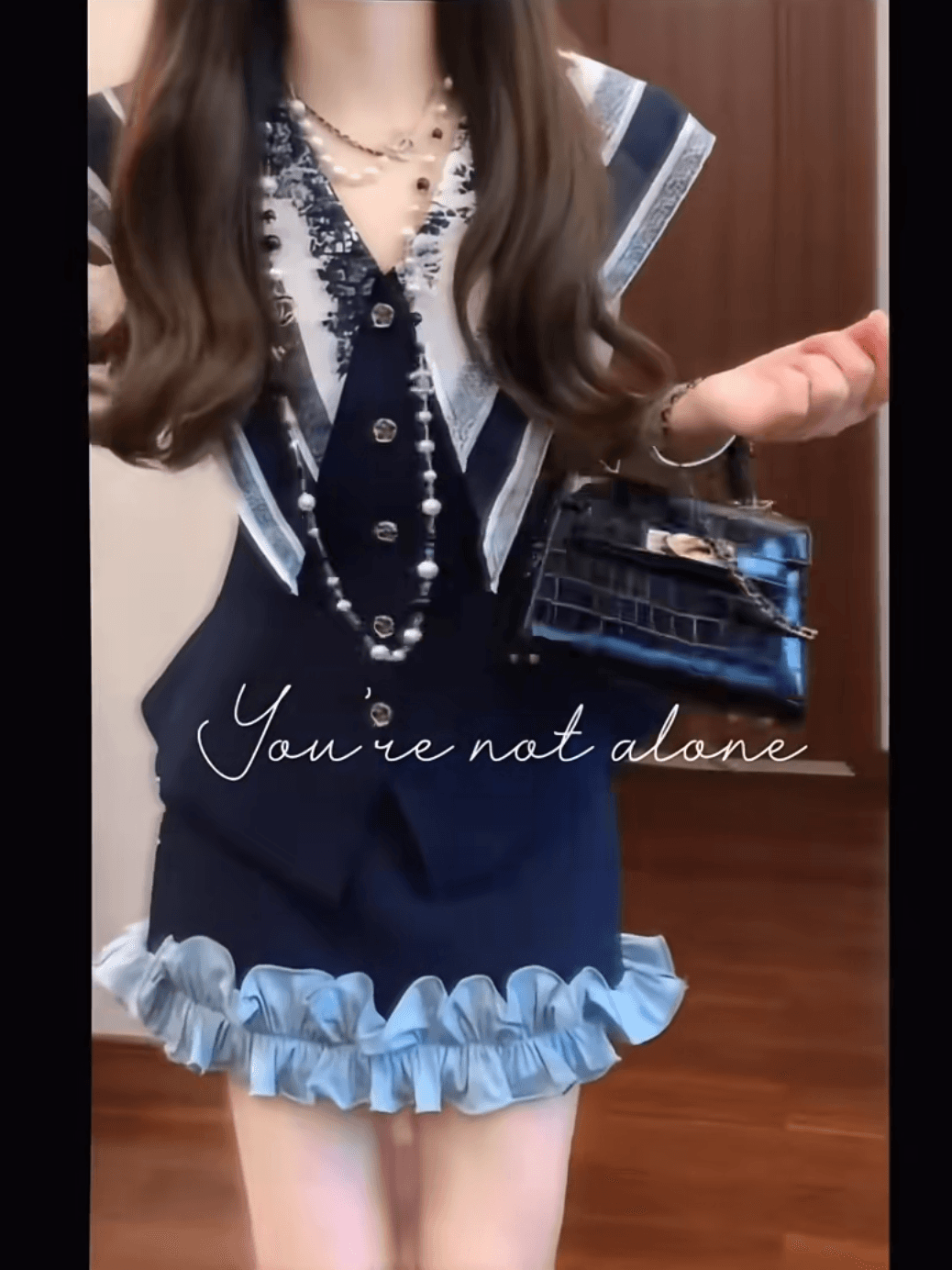 프랑스식 패션 학원 스타일 품격 프린트 헤일로 염색 해군 칼라 맨위 패치워크 프릴 반신 스커트 투피스 세트 이미지 2