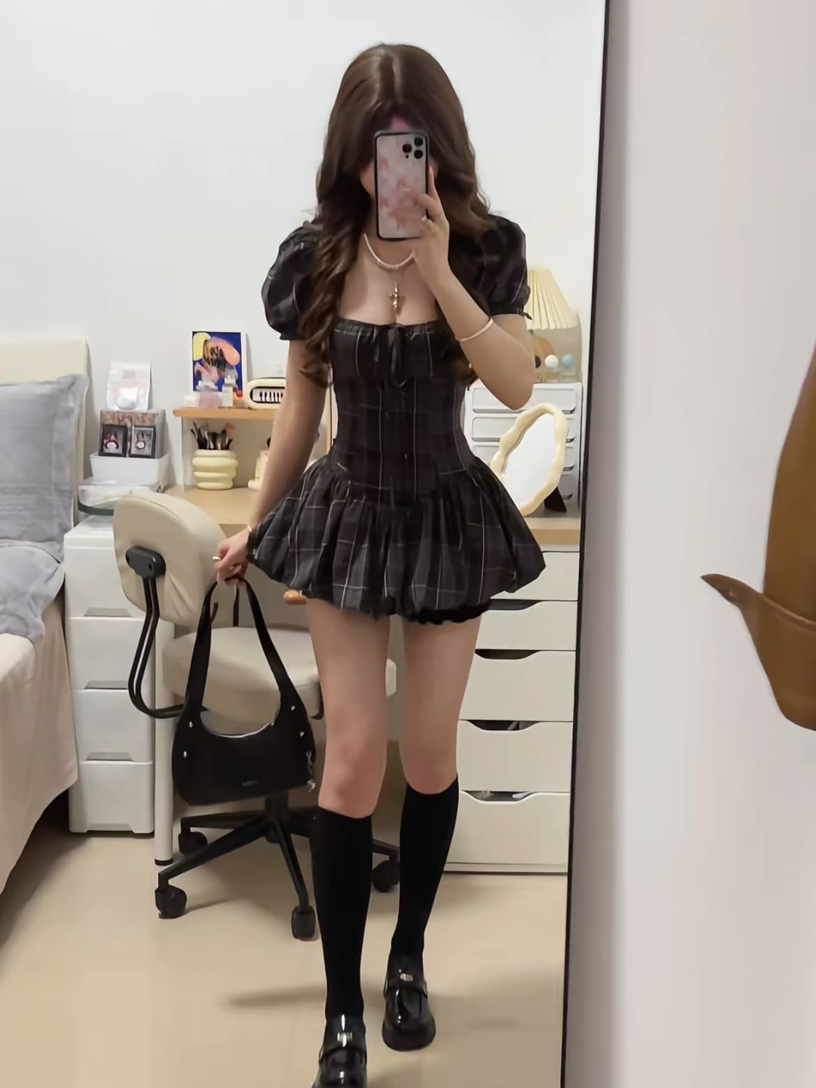 아메리칸 레트로 핫걸 체크무늬 광장 칼라 거품 소매 드레스 여름 품격 허리 수축 슬림해 보이는 퍼프 꽃밭 치마 이미지 2