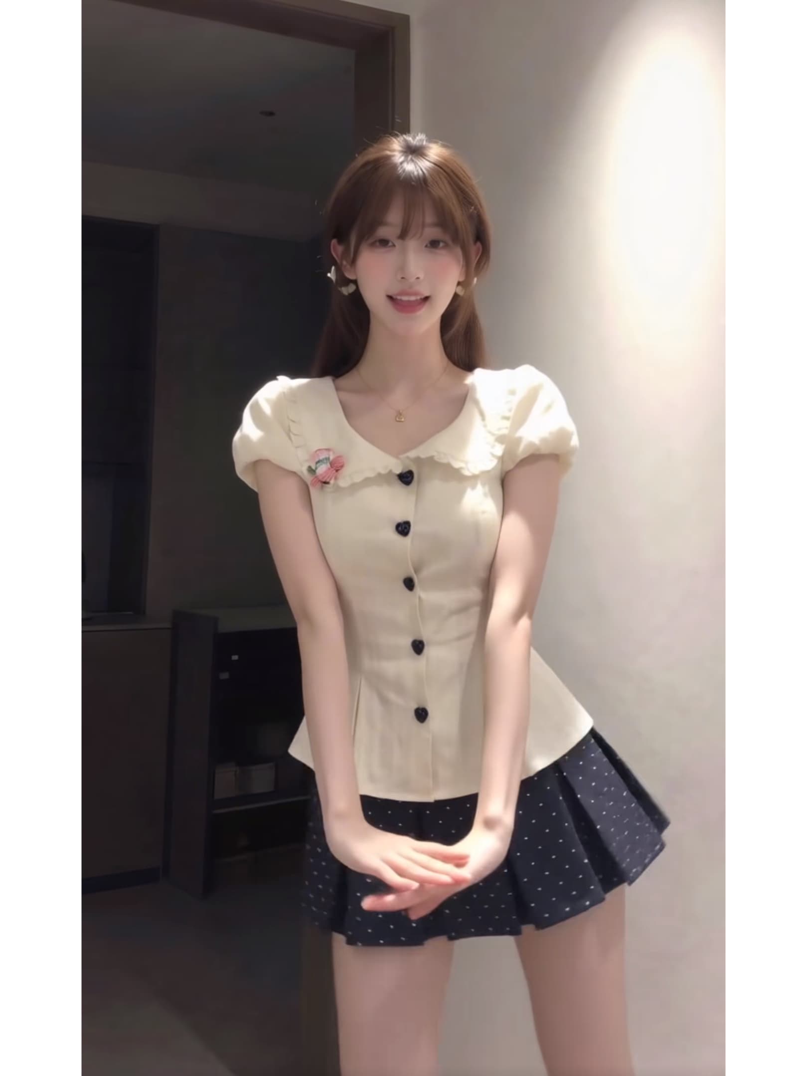 학원 스타일 달콤함 순수한 욕망 베이비 칼라 절묘한 허리 수축 셔츠 맨위 다용도 도트 무늬 반신 치마 세트 상세 이미지 1
