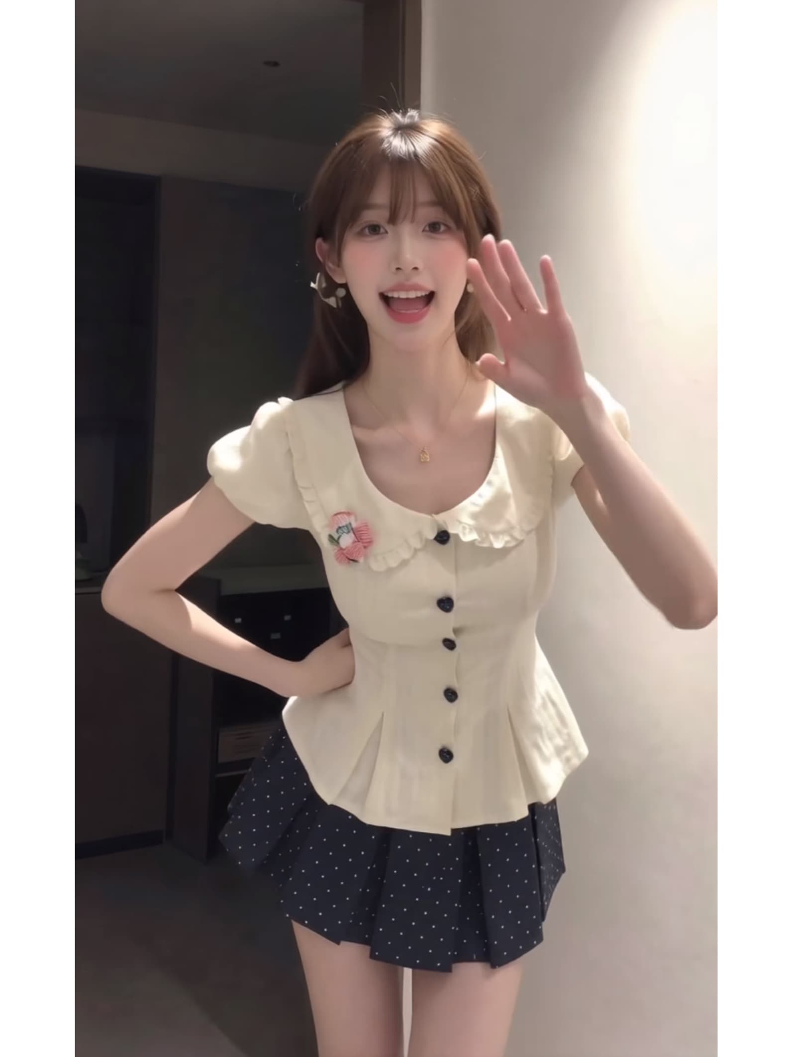 학원 스타일 달콤함 순수한 욕망 베이비 칼라 절묘한 허리 수축 셔츠 맨위 다용도 도트 무늬 반신 치마 세트 상세 이미지 2