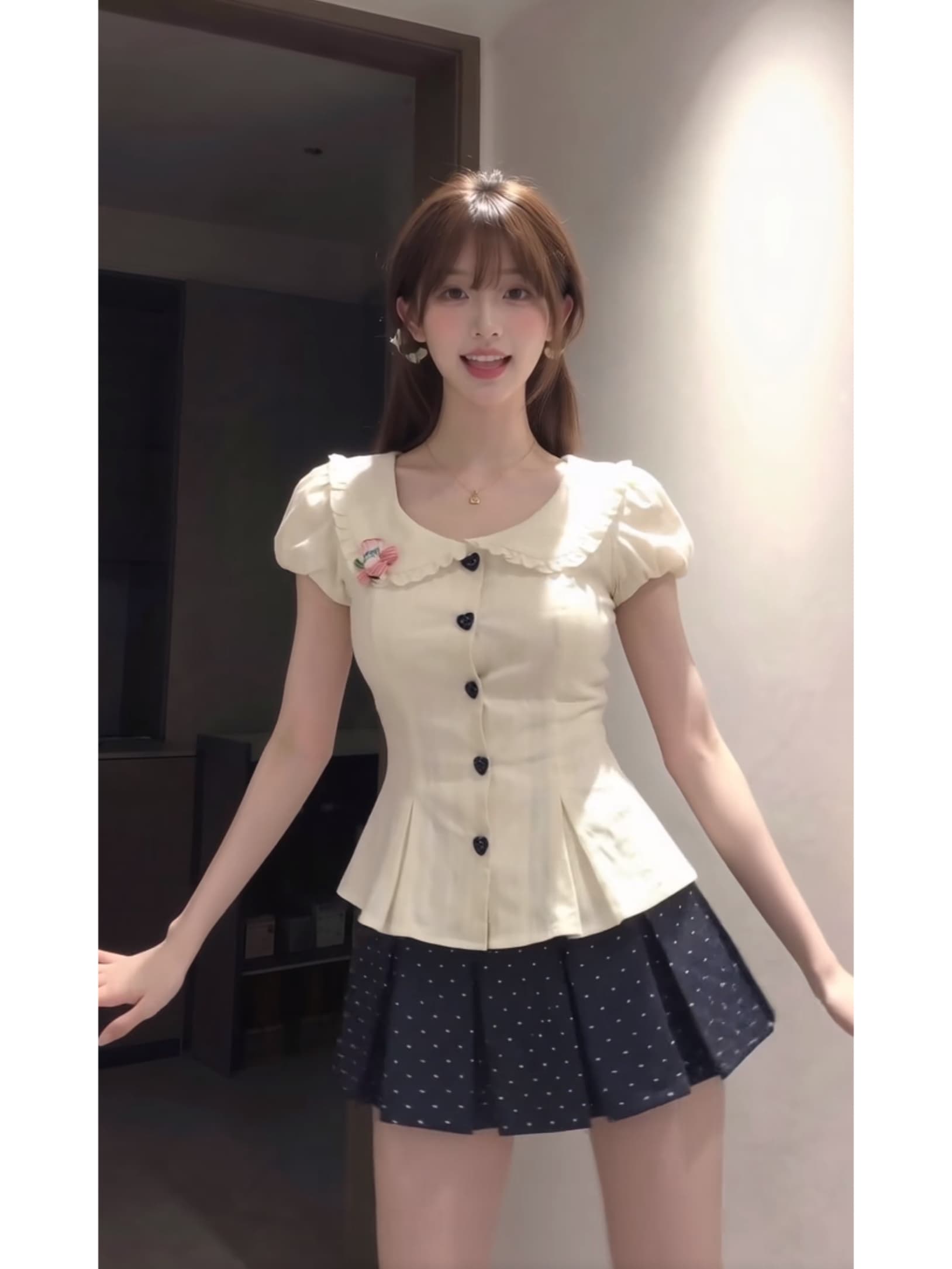 학원 스타일 달콤함 순수한 욕망 베이비 칼라 절묘한 허리 수축 셔츠 맨위 다용도 도트 무늬 반신 치마 세트 상세 이미지 4