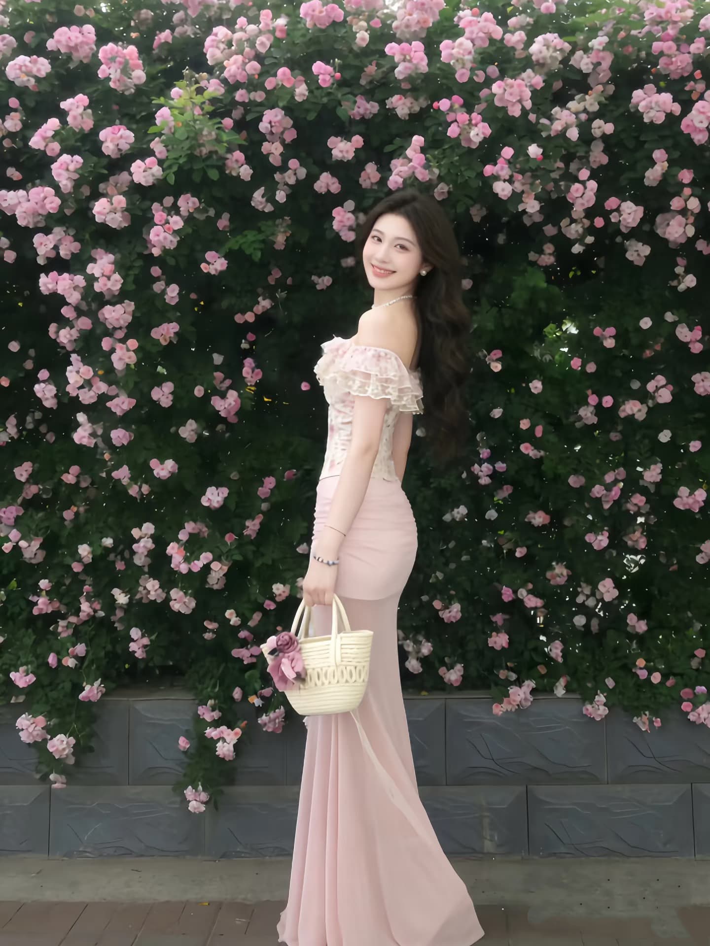 프랑스식 프릴 꽃무늬 패치워크 오프숄더 맨위 여성 여름 휴가 바람 망사 하이웨이스트 타이트 스커트 치마 세트 상세 이미지 2