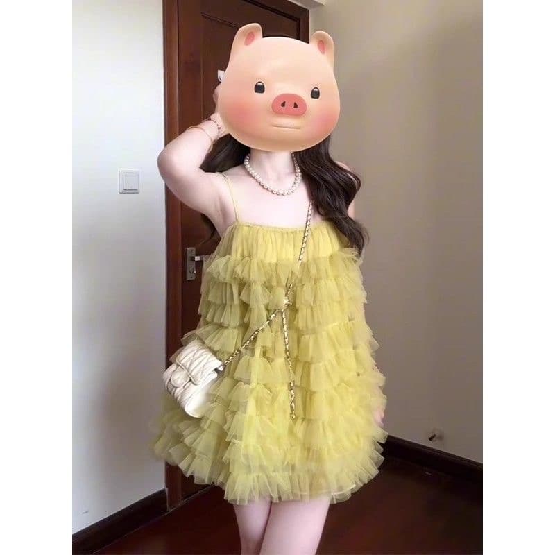 달콤함 망사 케이크 슈퍼 요정 슬립 드레스 2025 여름 새로운 해변가 휴가 퍼프 공주 미니 스커트 이미지 2