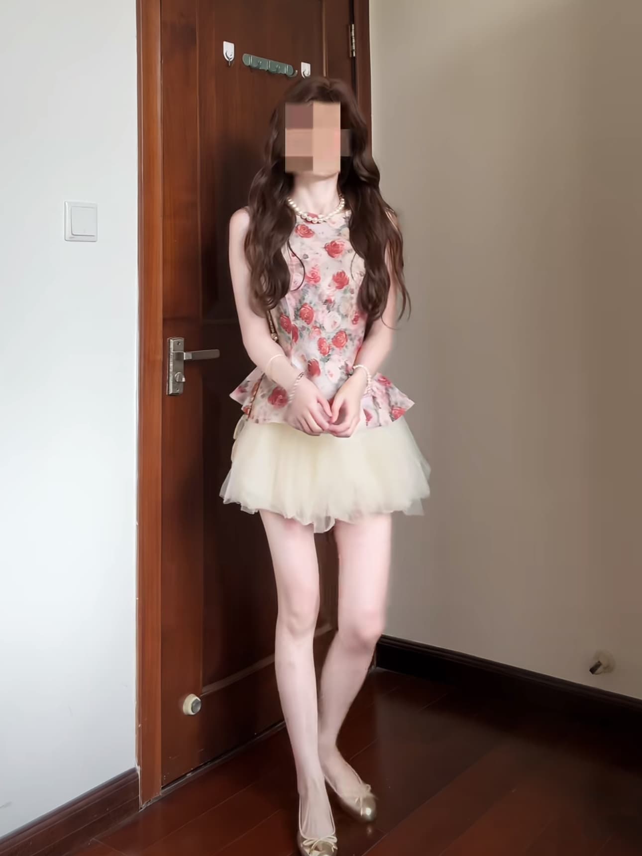 유화 소녀 민소매 프린트 민소매 맨위 살구 색상 망사 치마 세트 상세 이미지 1