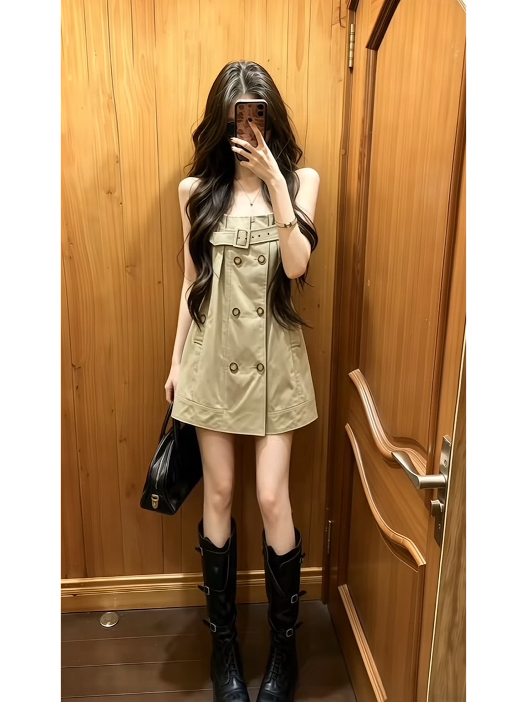 여름 새로운 프랑스식 워크웨어 바람 이중 버튼 슬립 드레스 여름 허리 수축 슬림해 보이는 디자인 센스 휴가 바람 미니 스커트 상세 이미지 3