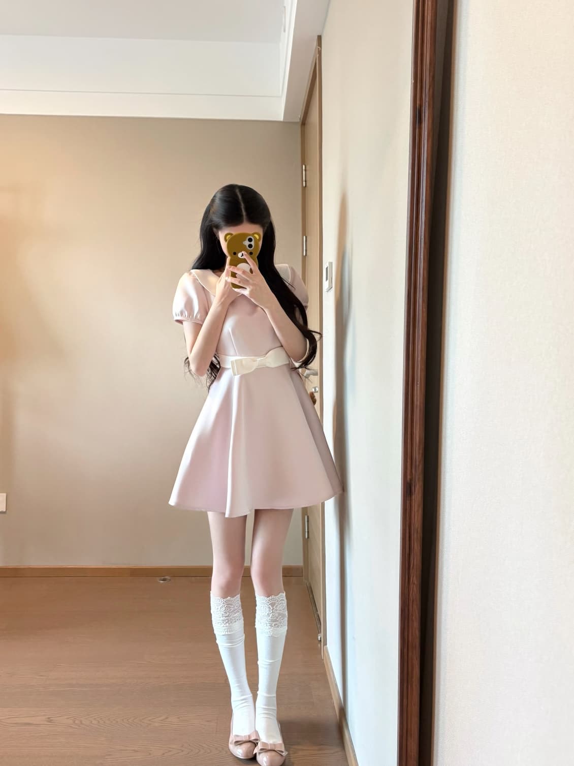 고대 조기 달콤한 미적 감각 공주 드레스 베이비 칼라 새틴 허리 수축 슬림해 보이는 여성 드레스 여름 나비 매듭 퍼프 미니 스커트 이미지 4