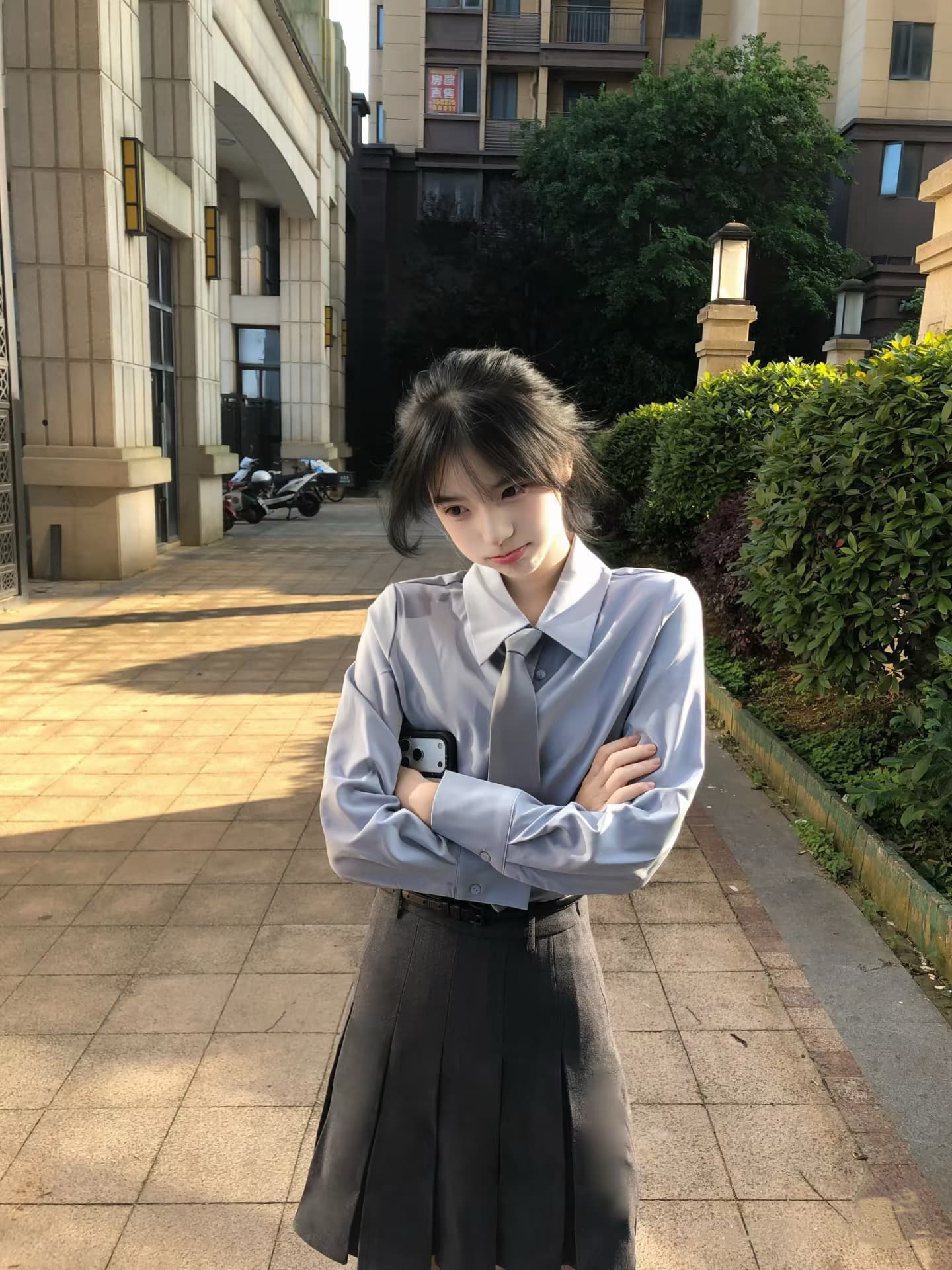 학원 스타일 아메리칸 하늘색 셔츠 회색 플리츠 치마 세트