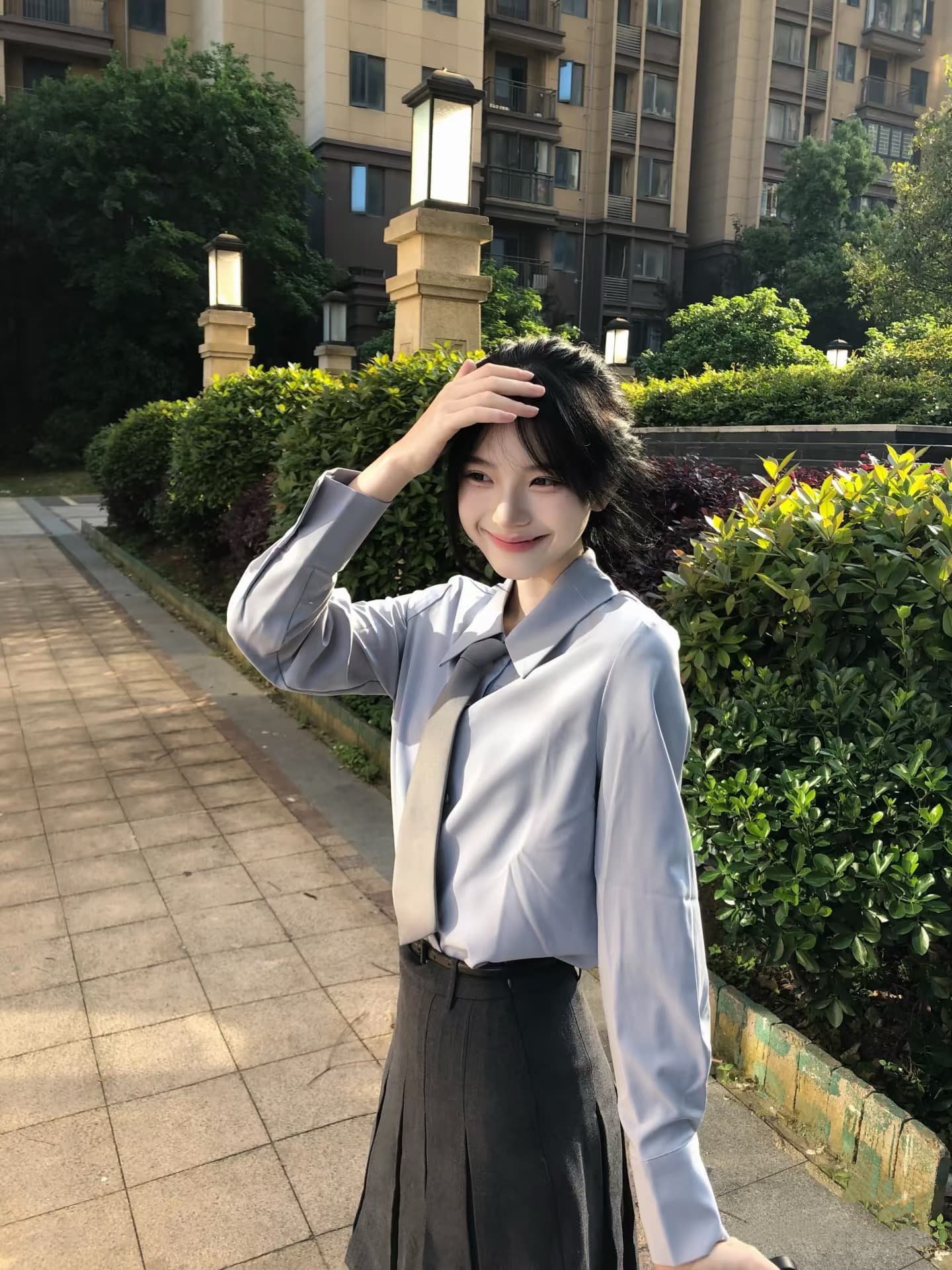 학원 스타일 아메리칸 하늘색 셔츠 회색 플리츠 치마 세트 이미지 3