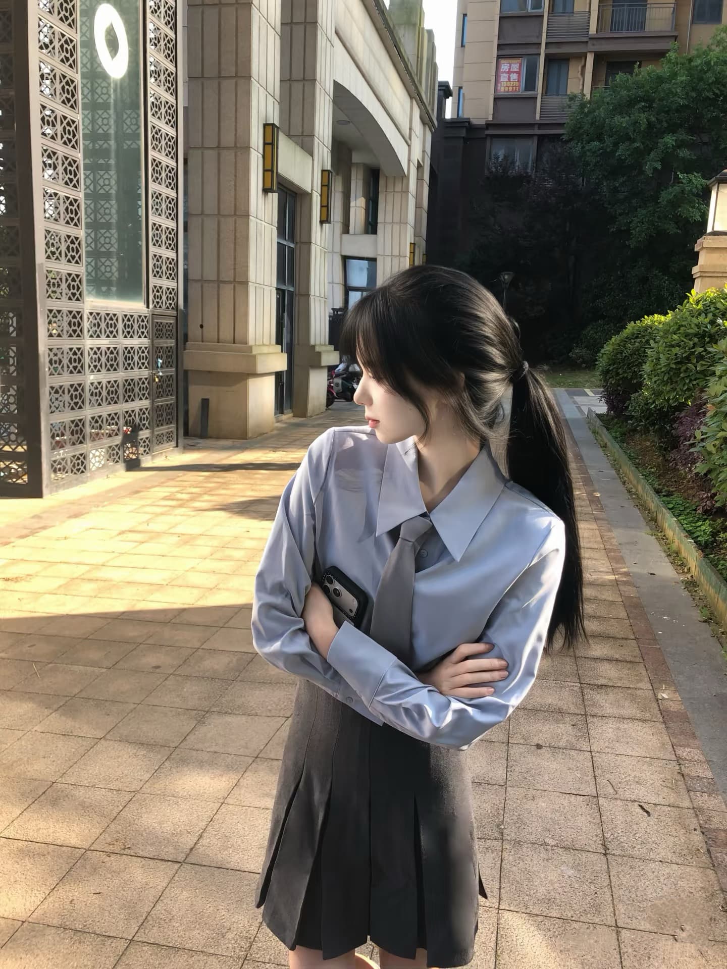 학원 스타일 아메리칸 하늘색 셔츠 회색 플리츠 치마 세트 이미지 2
