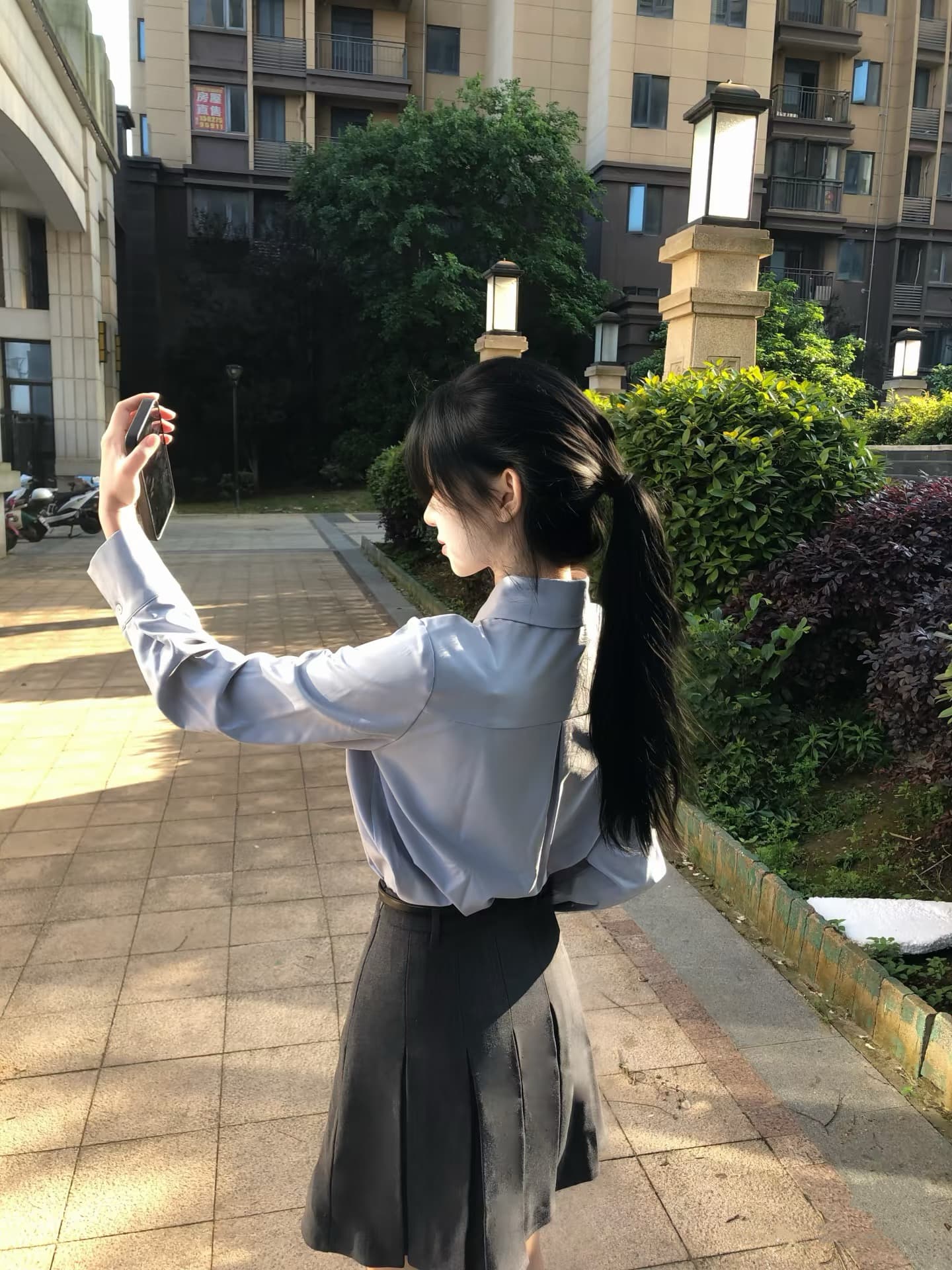 학원 스타일 아메리칸 하늘색 셔츠 회색 플리츠 치마 세트 상세 이미지 3