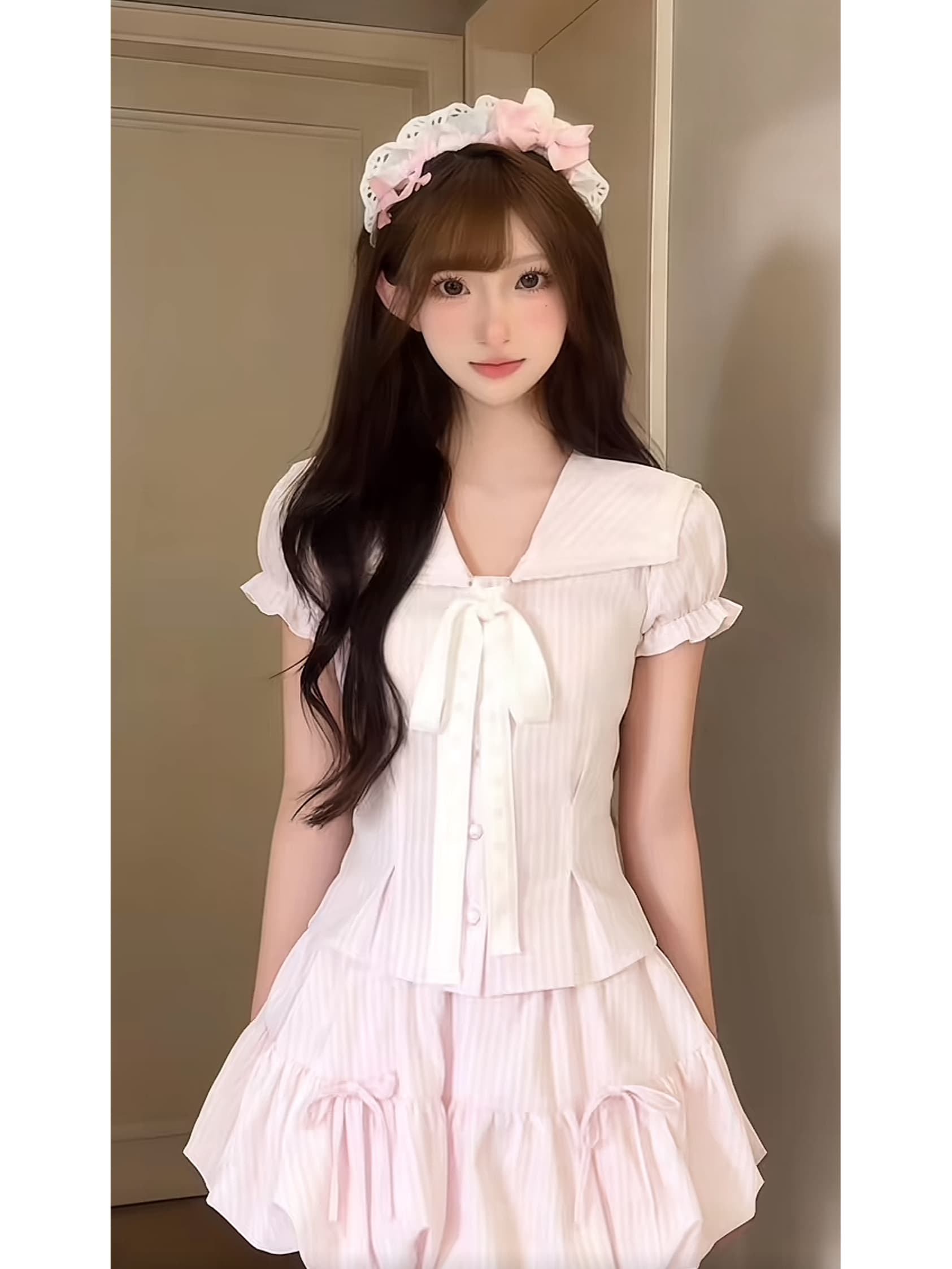 순수한 욕망 바람 핑크색 허리 수축 나비 매듭 폴로 칼라 맨위 반 스커트 달콤함 품격 세트