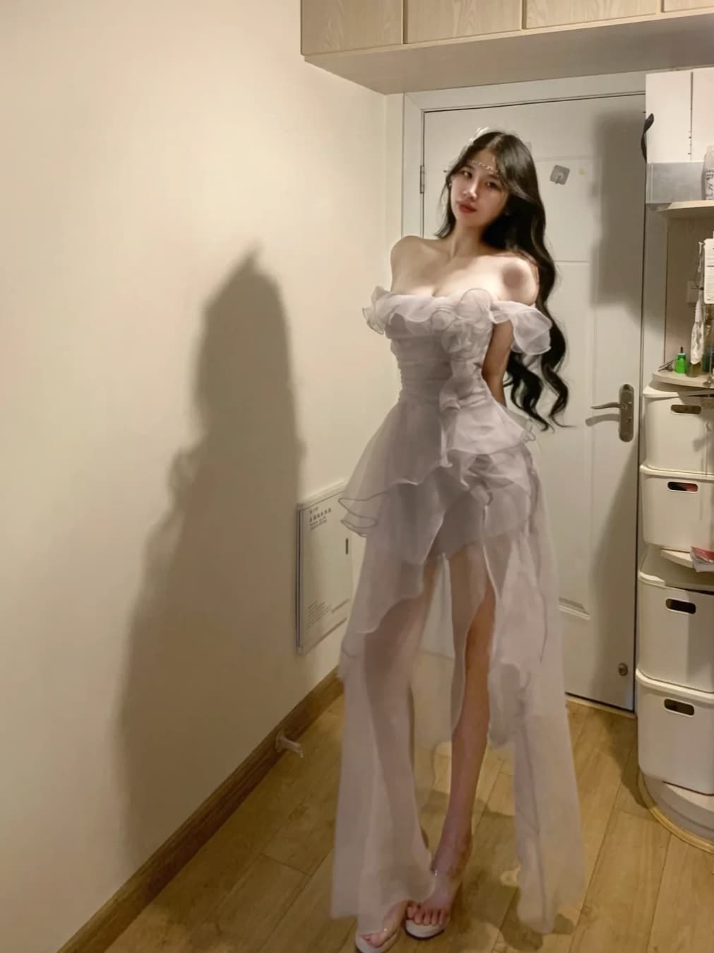 프랑스식 고급 센스 부드러운 바람 오프숄더 요정 휴가 롱 코트 드레스 이미지 4