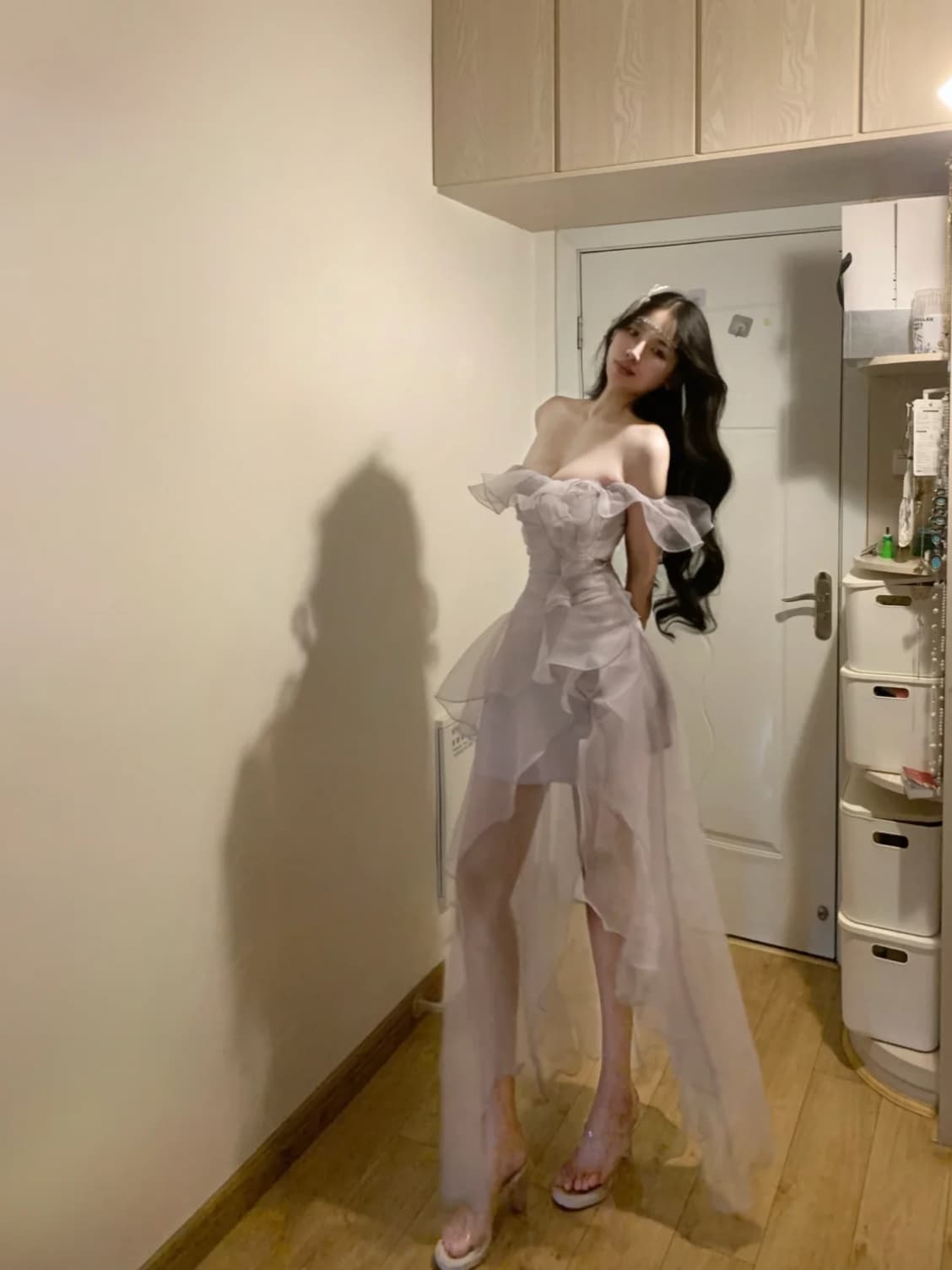 프랑스식 고급 센스 부드러운 바람 오프숄더 요정 휴가 롱 코트 드레스 이미지 3