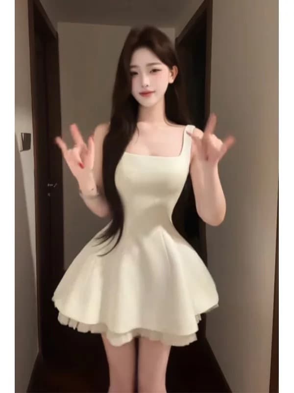 프랑스식 품격 고급 센스 민소매 광장 칼라 망사 드레스 생일 이브닝 드레스 디자인 센스 허리 수축 퍼프 스커트 이미지 2