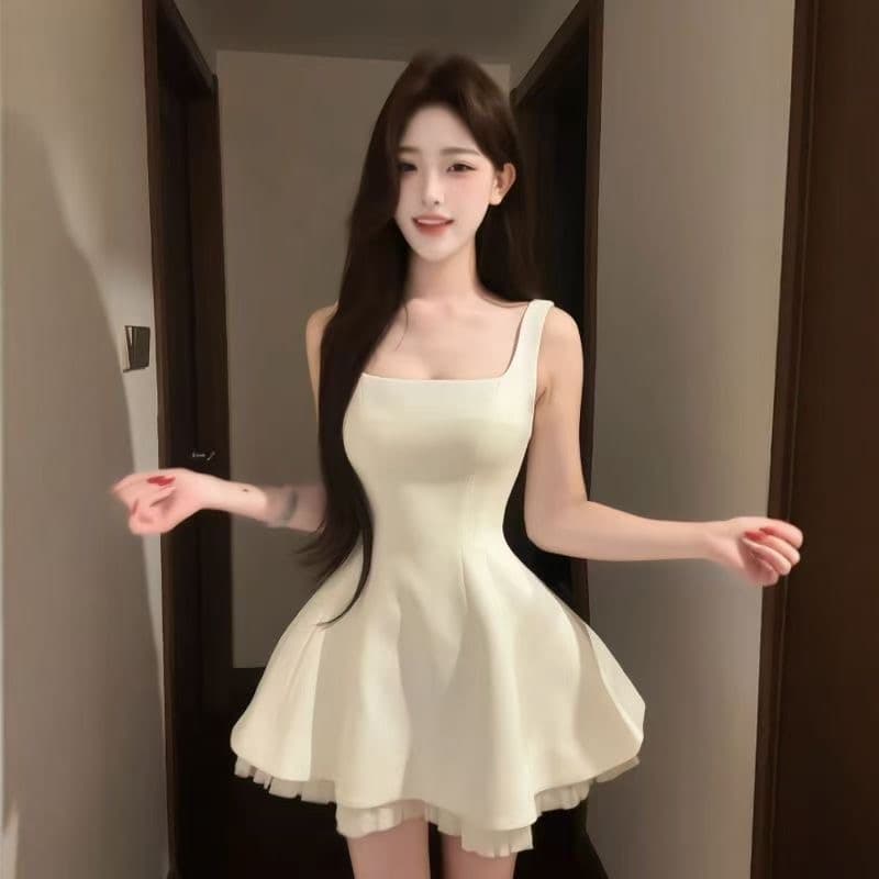 프랑스식 품격 고급 센스 민소매 광장 칼라 망사 드레스 생일 이브닝 드레스 디자인 센스 허리 수축 퍼프 스커트 이미지 3
