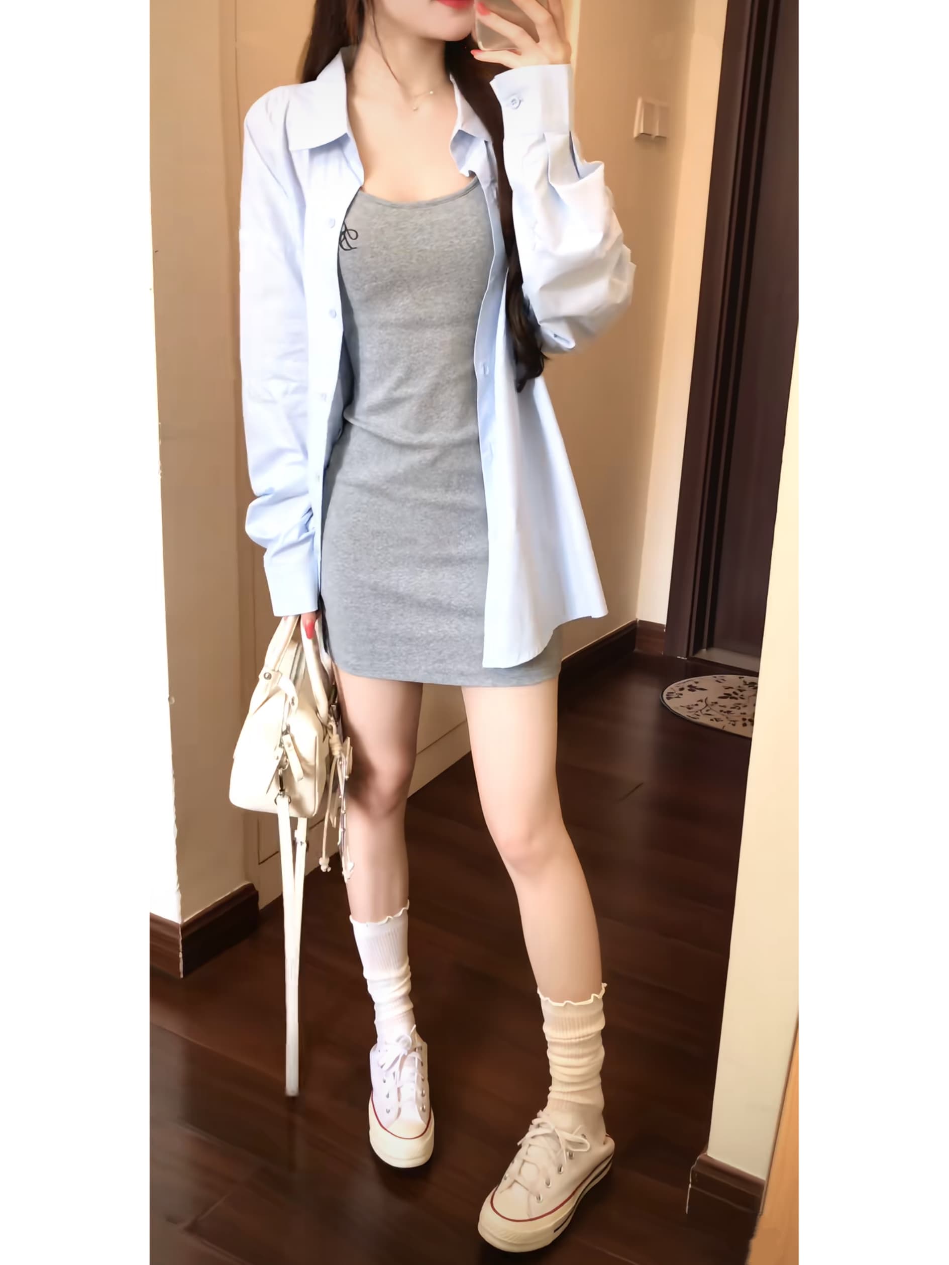 순수한 욕망 바람 자수 몸매 가꾸기 조끼 원피스 세트 여성 이른 가을 긴팔 얇은 스타일 셔츠 핫걸 타이트 스커트 짧은 치마 이미지 3