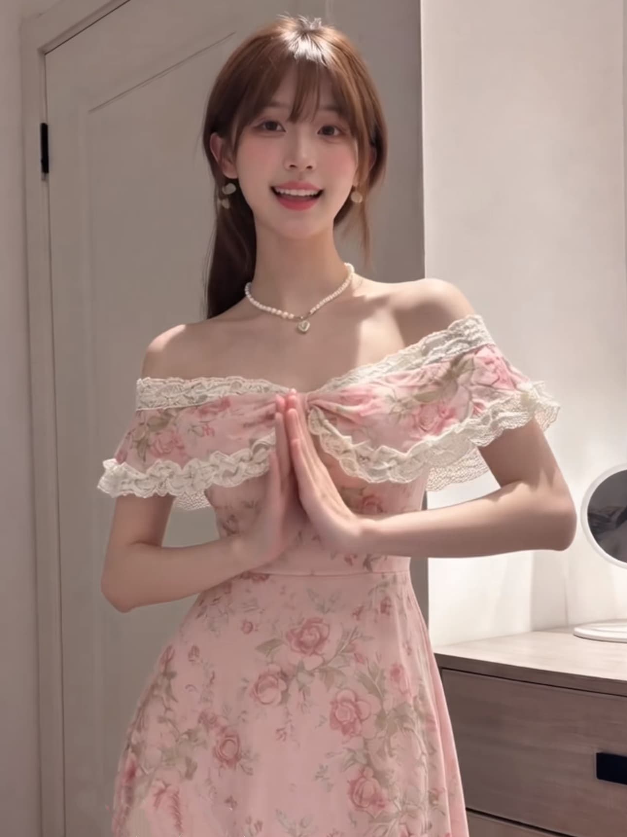 프랑스식 낭만주의 보트넥 오프숄더 레이스 드레스 여름 꽃무늬 롱 스커트 품격 고급 센스 슈퍼 잘 생긴 ~ 중 치마 이미지 2
