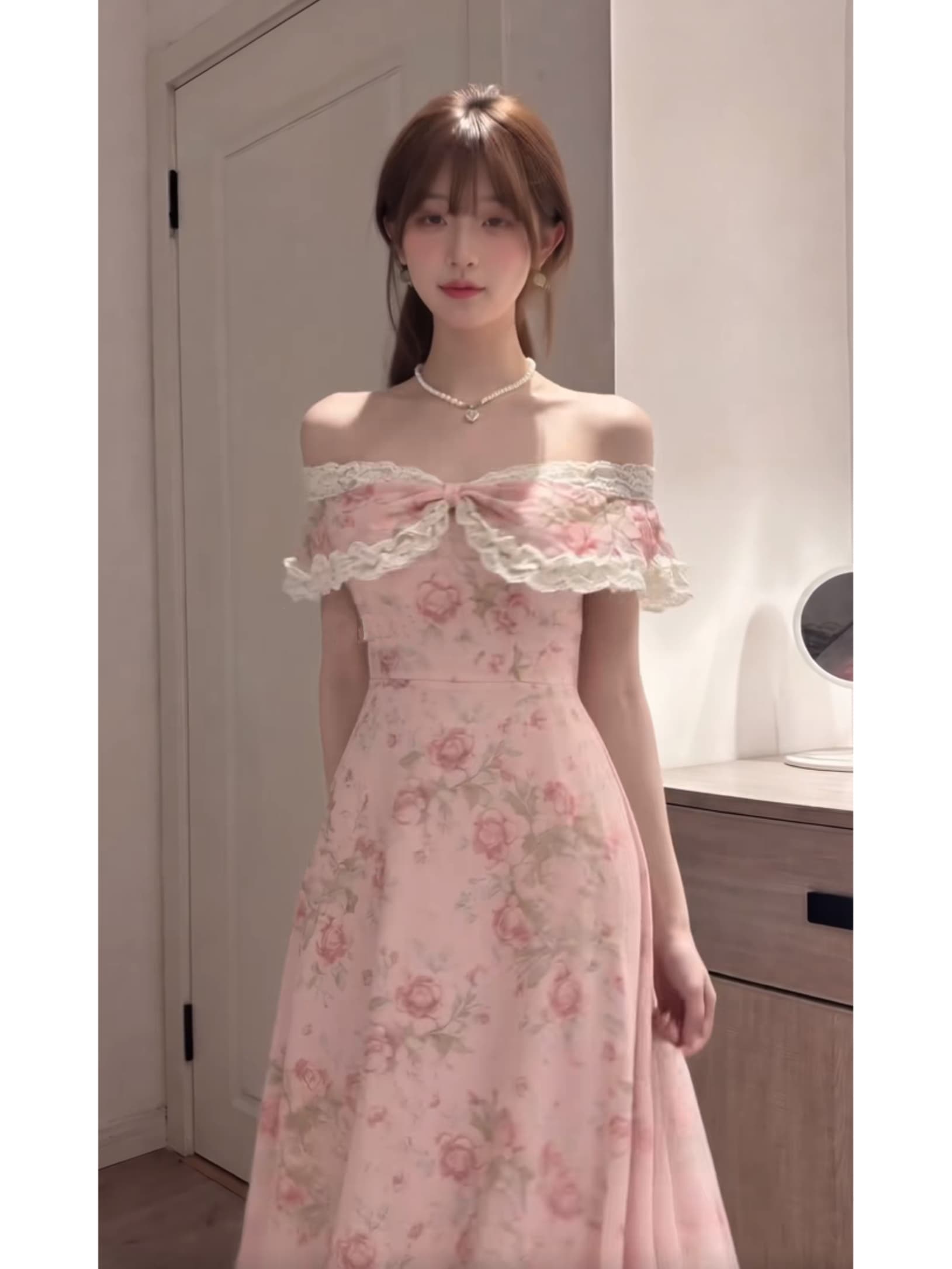 프랑스식 낭만주의 보트넥 오프숄더 레이스 드레스 여름 꽃무늬 롱 스커트 품격 고급 센스 슈퍼 잘 생긴 ~ 중 치마 상세 이미지 1