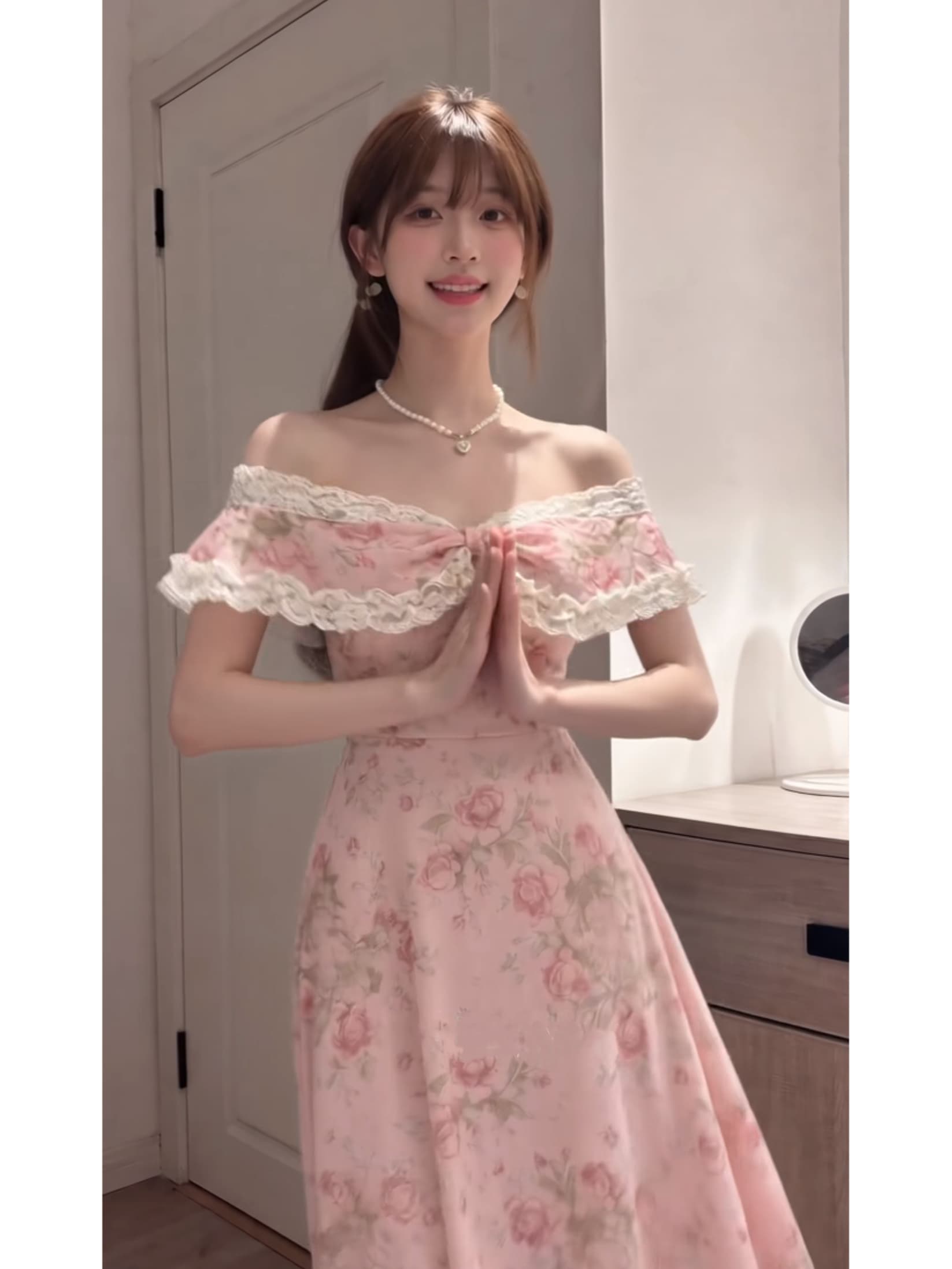 프랑스식 낭만주의 보트넥 오프숄더 레이스 드레스 여름 꽃무늬 롱 스커트 품격 고급 센스 슈퍼 잘 생긴 ~ 중 치마 상세 이미지 4
