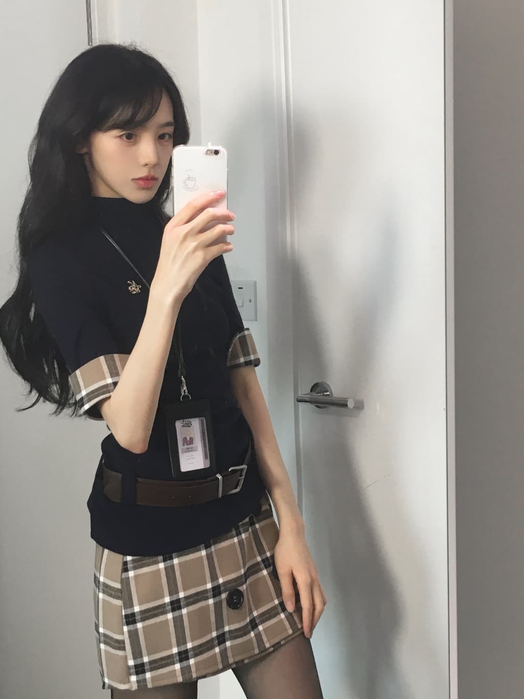 학원 스타일 한 부서 순수한 욕망 핫걸 체크무늬 패치워크 몸매 가꾸기 맨위 하이웨이스트 슬림해 보이는 반신 치마 세트 이미지 4