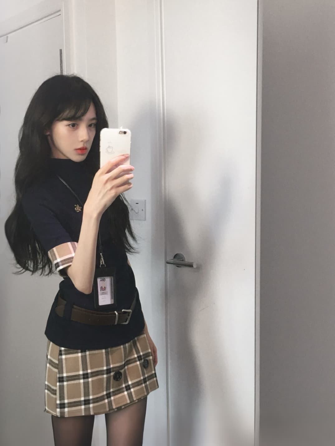 학원 스타일 한 부서 순수한 욕망 핫걸 체크무늬 패치워크 몸매 가꾸기 맨위 하이웨이스트 슬림해 보이는 반신 치마 세트 상세 이미지 2