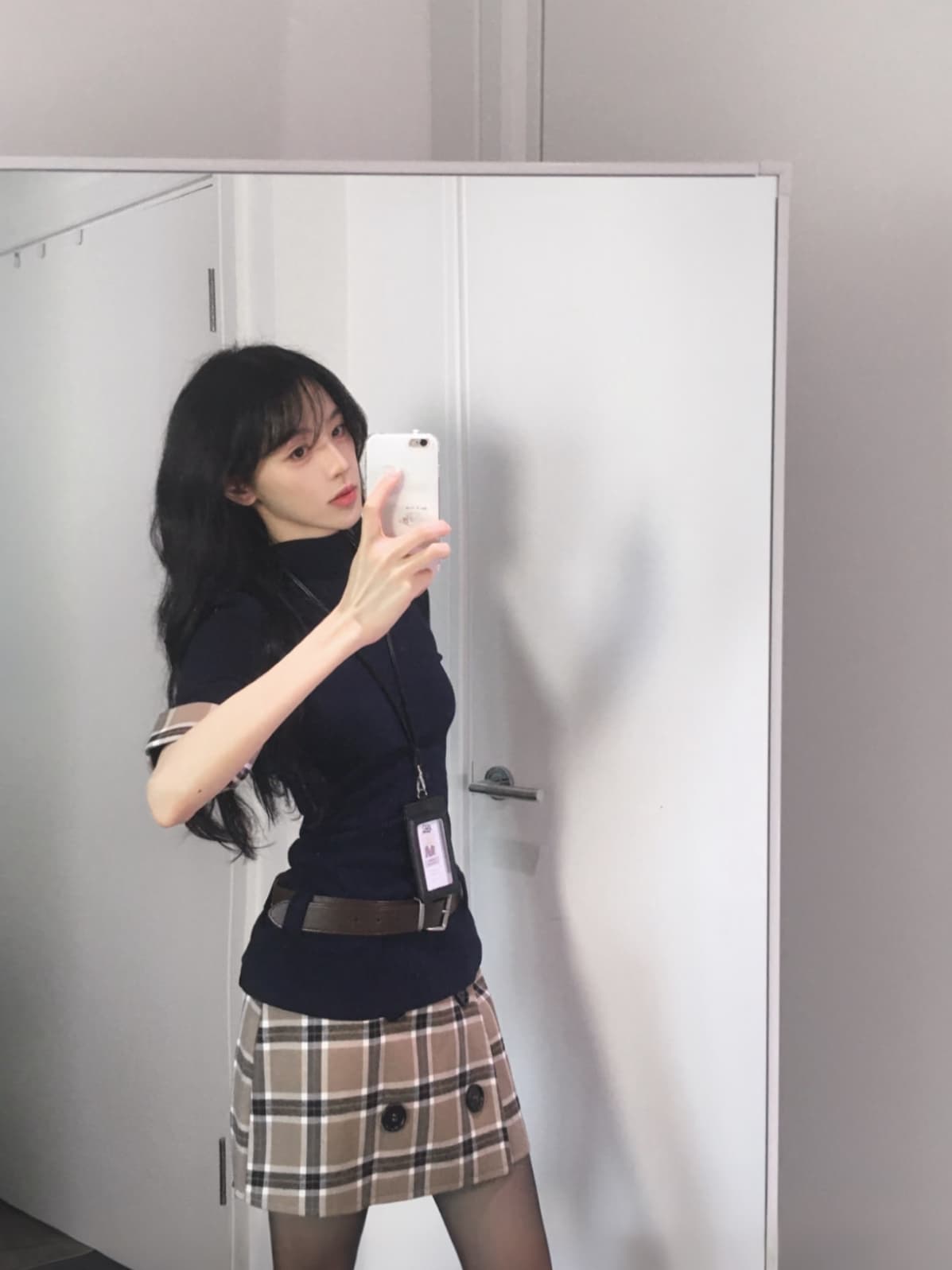 학원 스타일 한 부서 순수한 욕망 핫걸 체크무늬 패치워크 몸매 가꾸기 맨위 하이웨이스트 슬림해 보이는 반신 치마 세트 상세 이미지 3