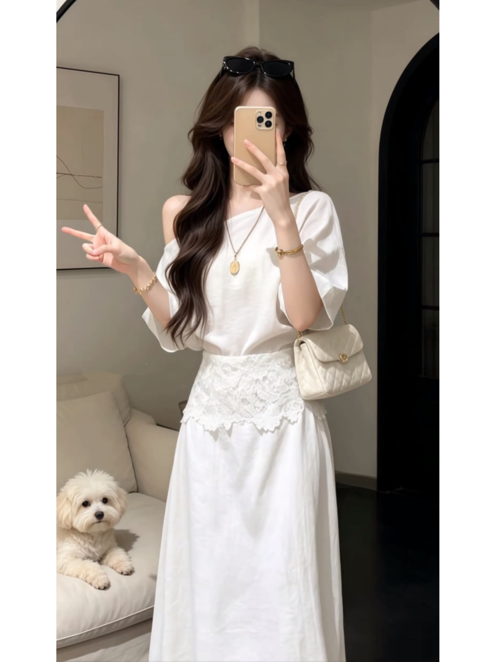 한 부서 디자인 센스 비스듬한 칼라 오프숄더 맨위 품격 하이웨이스트 슬림해 보이는 다용도 레이스 반신 치마 세트 상세 이미지 5