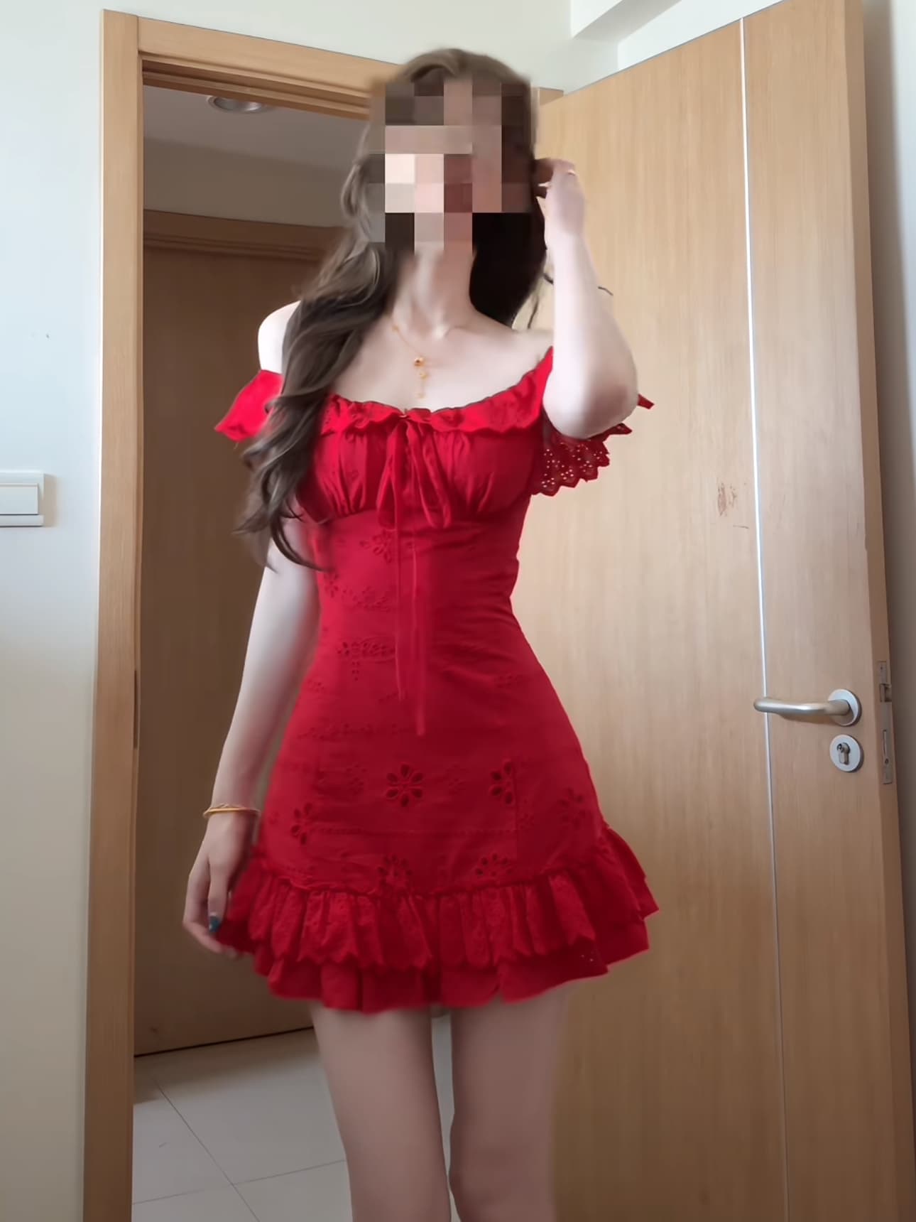 순수한 욕망 바람 품격 빨간색 레이스 슬립 여성 드레스 여름 새로운 디자인 센스 허리 수축 슬림해 보이는 한 마디 미니 스커트 이미지 3