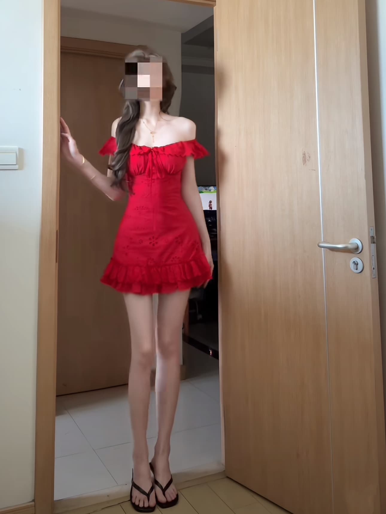 순수한 욕망 바람 품격 빨간색 레이스 슬립 여성 드레스 여름 새로운 디자인 센스 허리 수축 슬림해 보이는 한 마디 미니 스커트 이미지 2