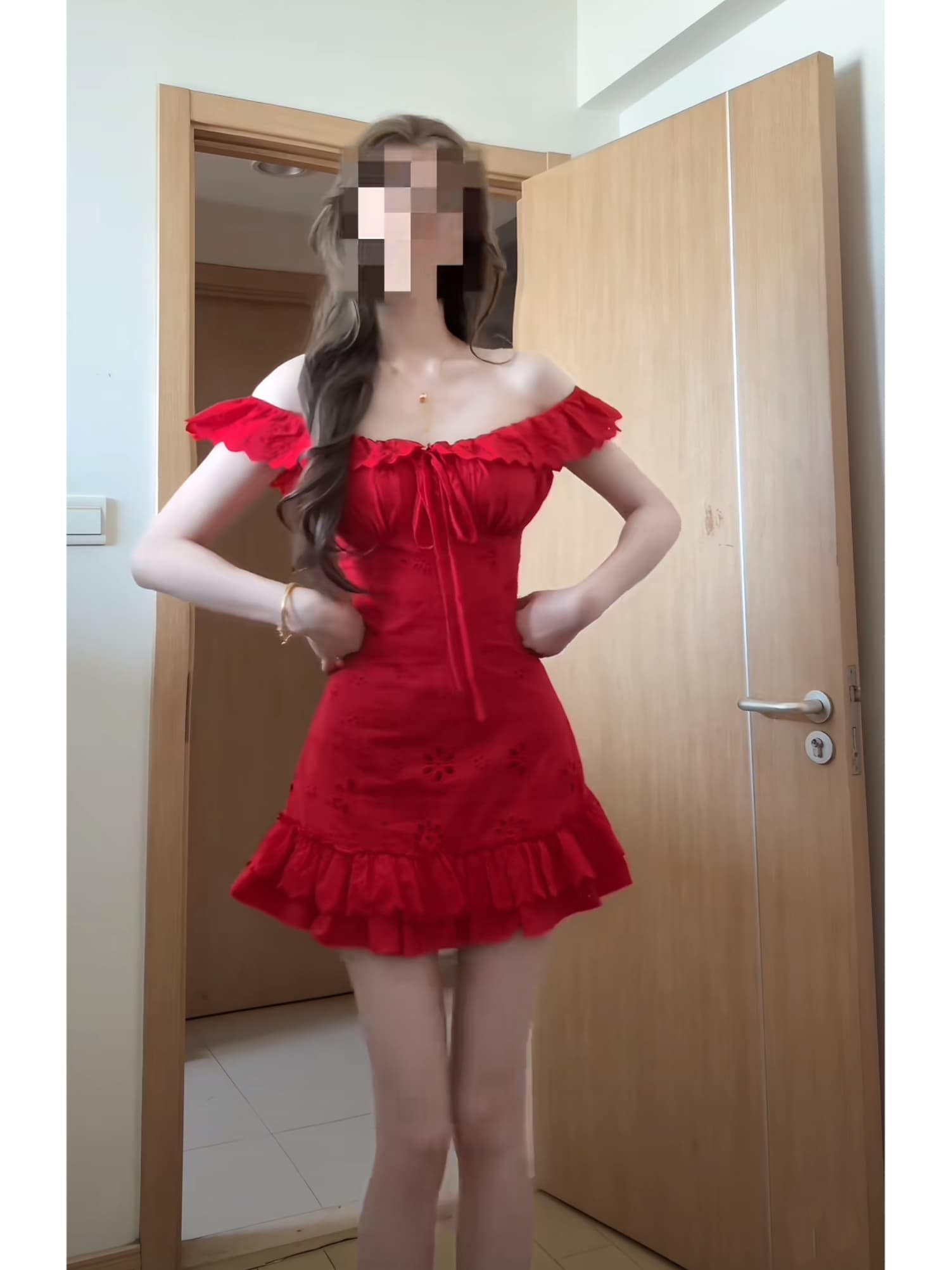 순수한 욕망 바람 품격 빨간색 레이스 슬립 여성 드레스 여름 새로운 디자인 센스 허리 수축 슬림해 보이는 한 마디 미니 스커트 상세 이미지 1