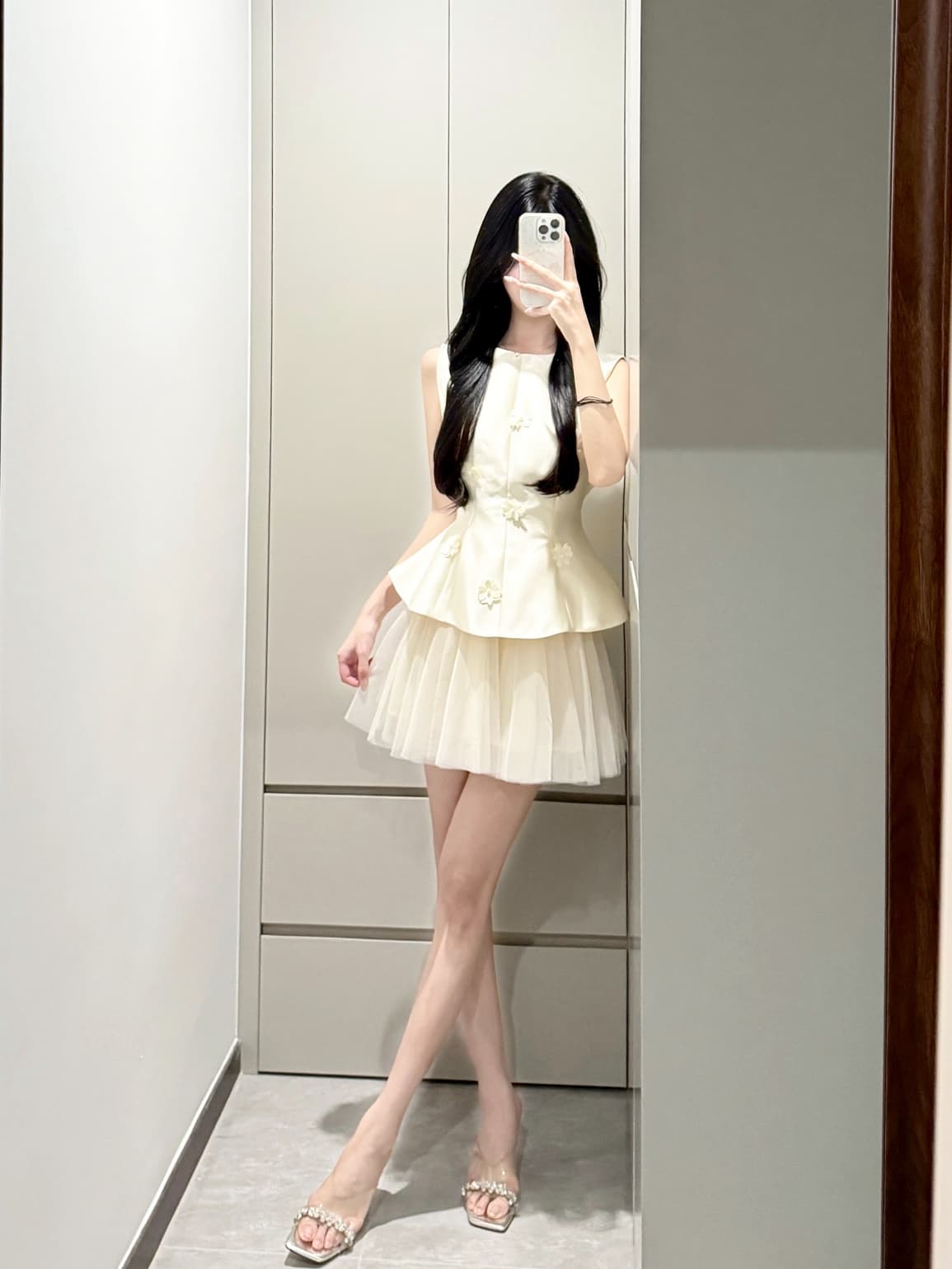 프랑스식 고급 센스 작은 샤넬 스타일 빛 럭셔리 민소매 꼬집기 허리 위로 의류 여성 여름 품격 슈퍼 요정 패션 퍼프 미니 스커트 세트 상세 이미지 3