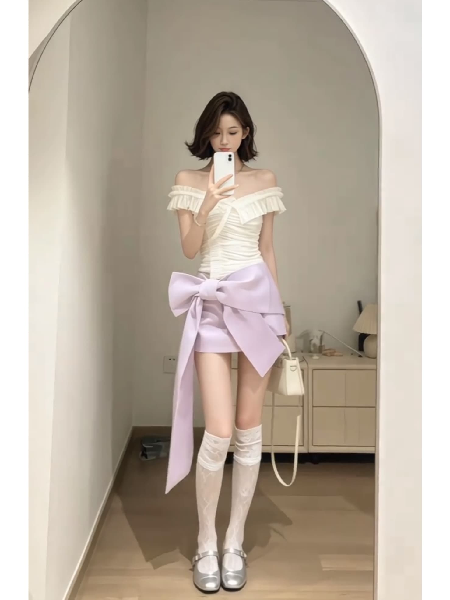 한 부서 순수한 욕망 바람 프릴 주름 오프숄더 맨위 여름 새로운 하이웨이스트 나비 매듭 반신 치마 세트