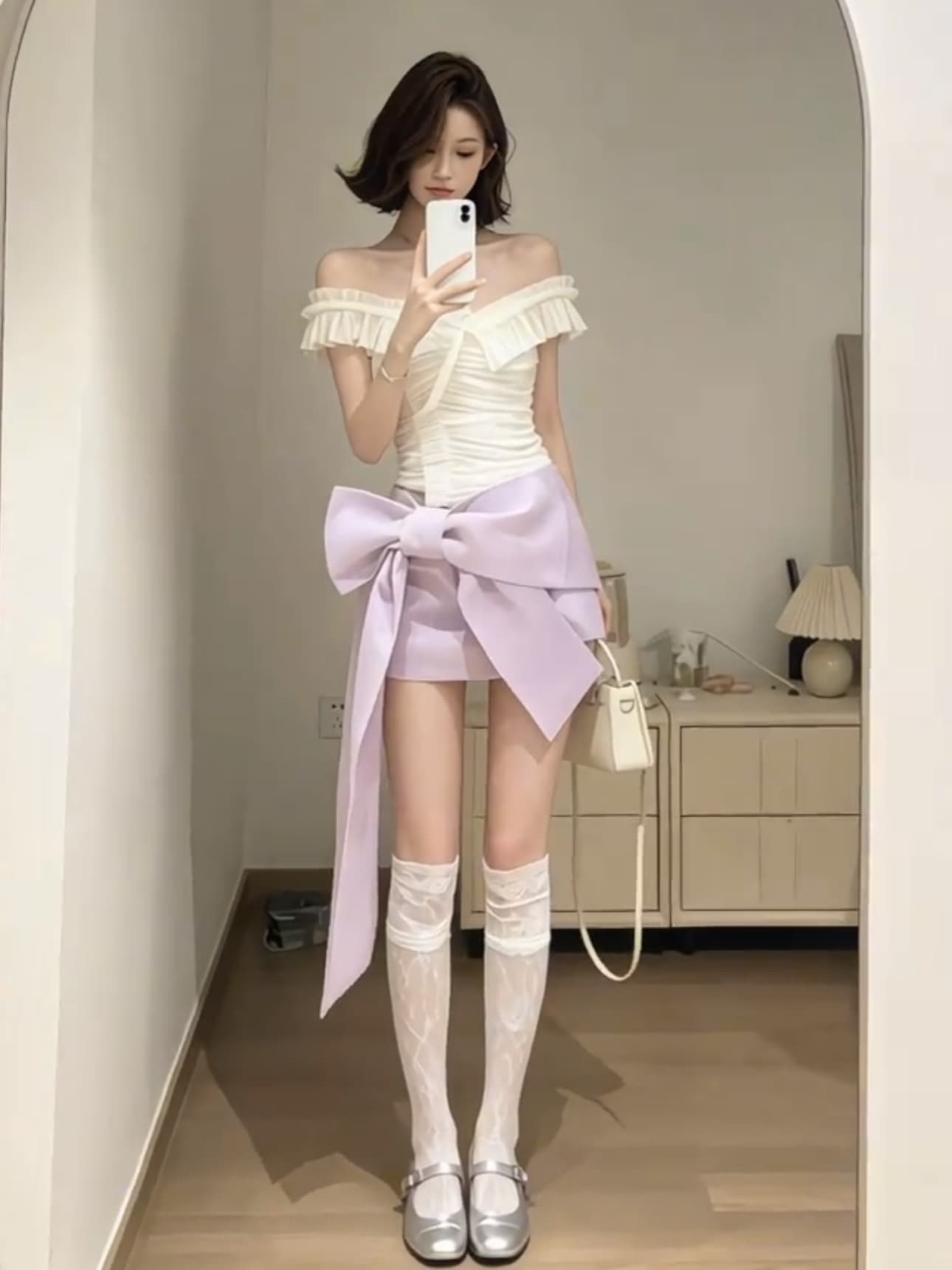 한 부서 순수한 욕망 바람 프릴 주름 오프숄더 맨위 여름 새로운 하이웨이스트 나비 매듭 반신 치마 세트 이미지 3