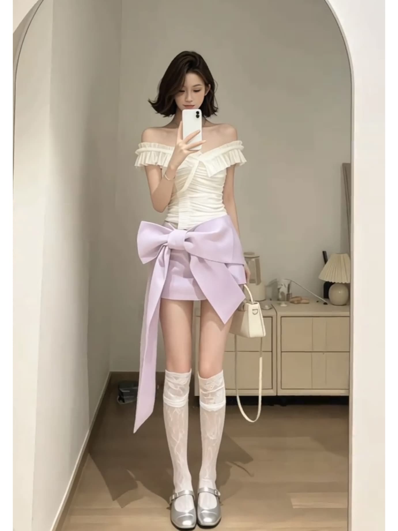 한 부서 순수한 욕망 바람 프릴 주름 오프숄더 맨위 여름 새로운 하이웨이스트 나비 매듭 반신 치마 세트 이미지 4