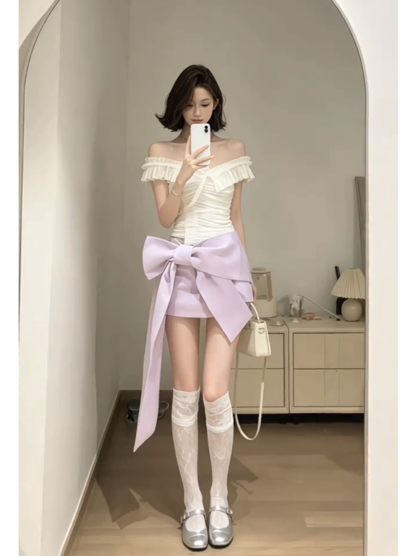한 부서 순수한 욕망 바람 프릴 주름 오프숄더 맨위 여름 새로운 하이웨이스트 나비 매듭 반신 치마 세트 상세 이미지 1