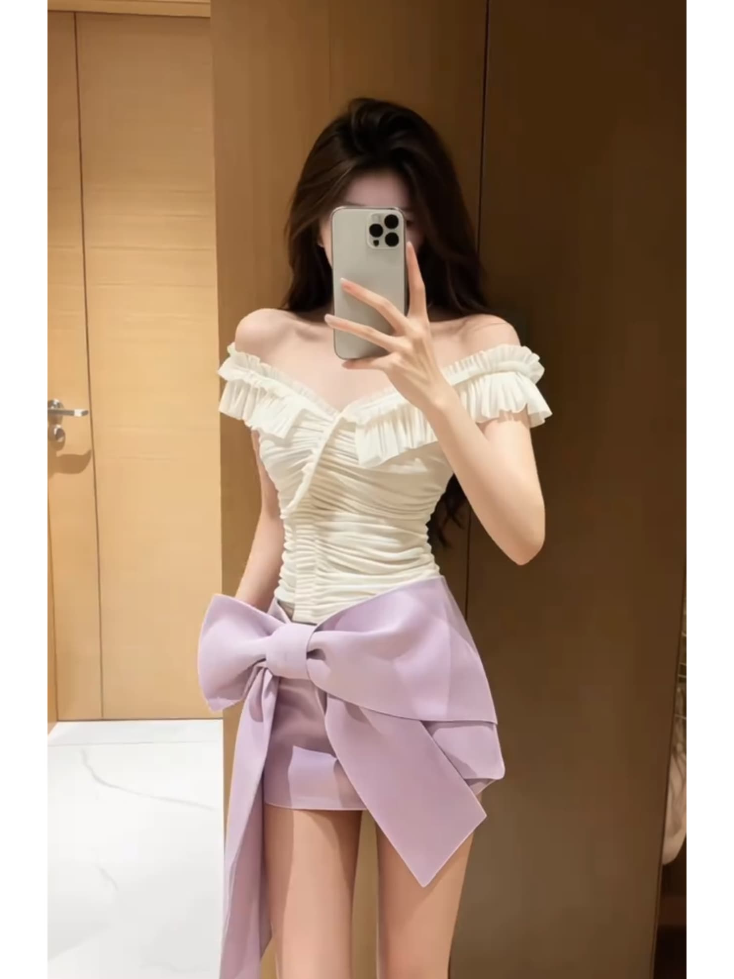 3 차원 주름 디자인 센스 망사 오프숄더 맨위 경기 나비 매듭 보라색 타이트 스커트 미니 스커트 투피스 세트